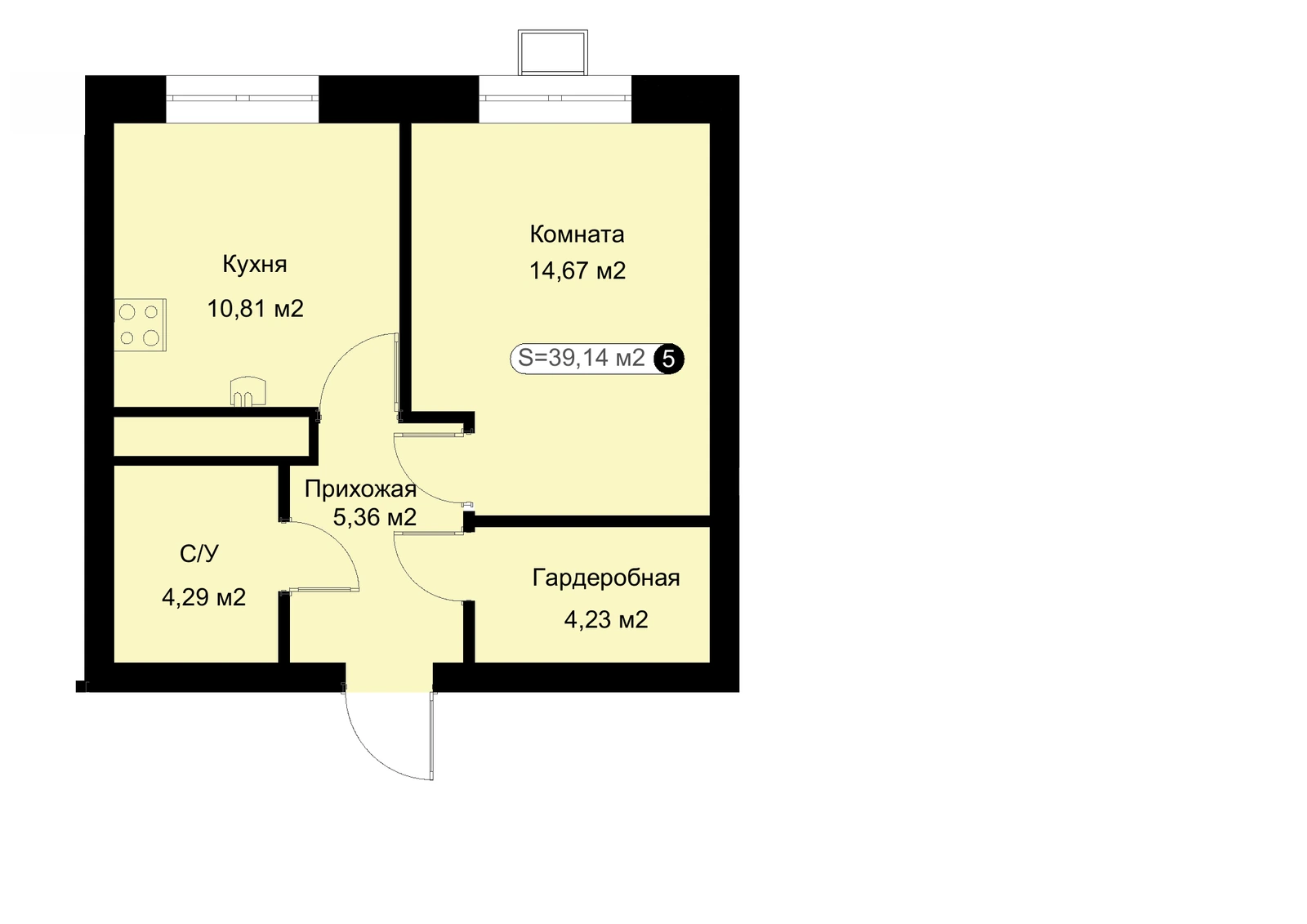 Планировка: 1-комнатная квартира 39,14 м²