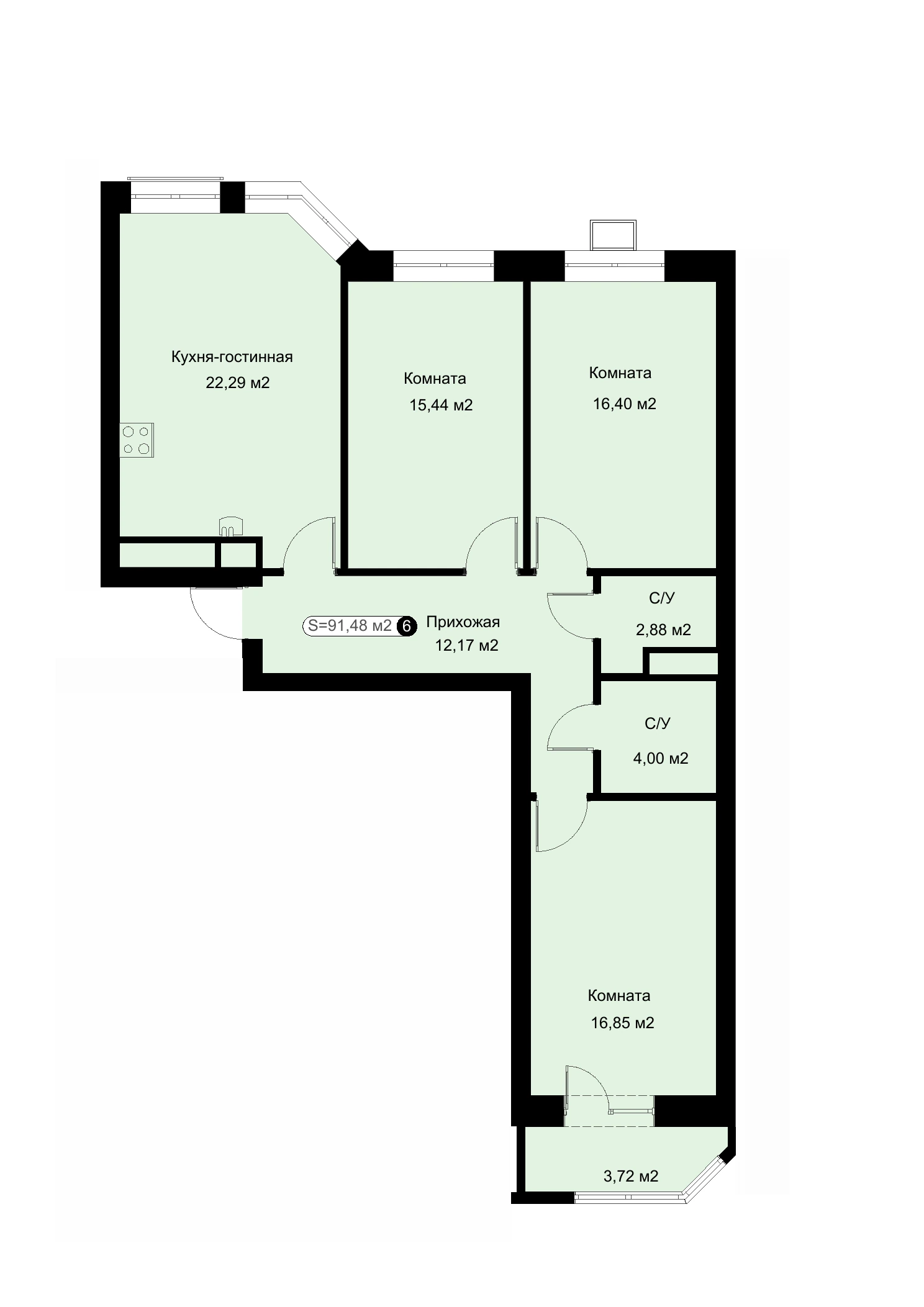 Планировка: 3-комнатная квартира 91,48 м²