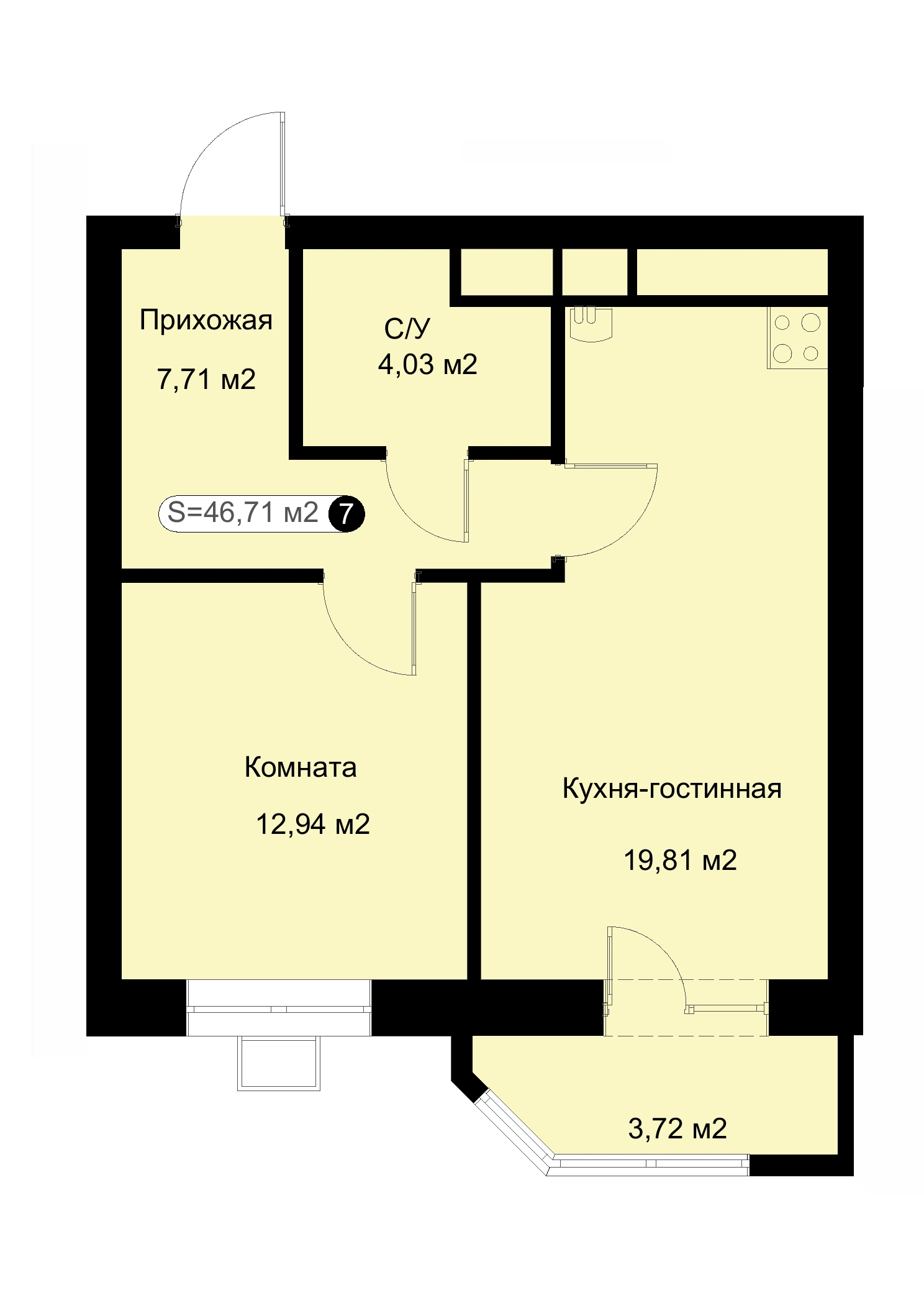 Планировка: 1-комнатная квартира 46,71 м²
