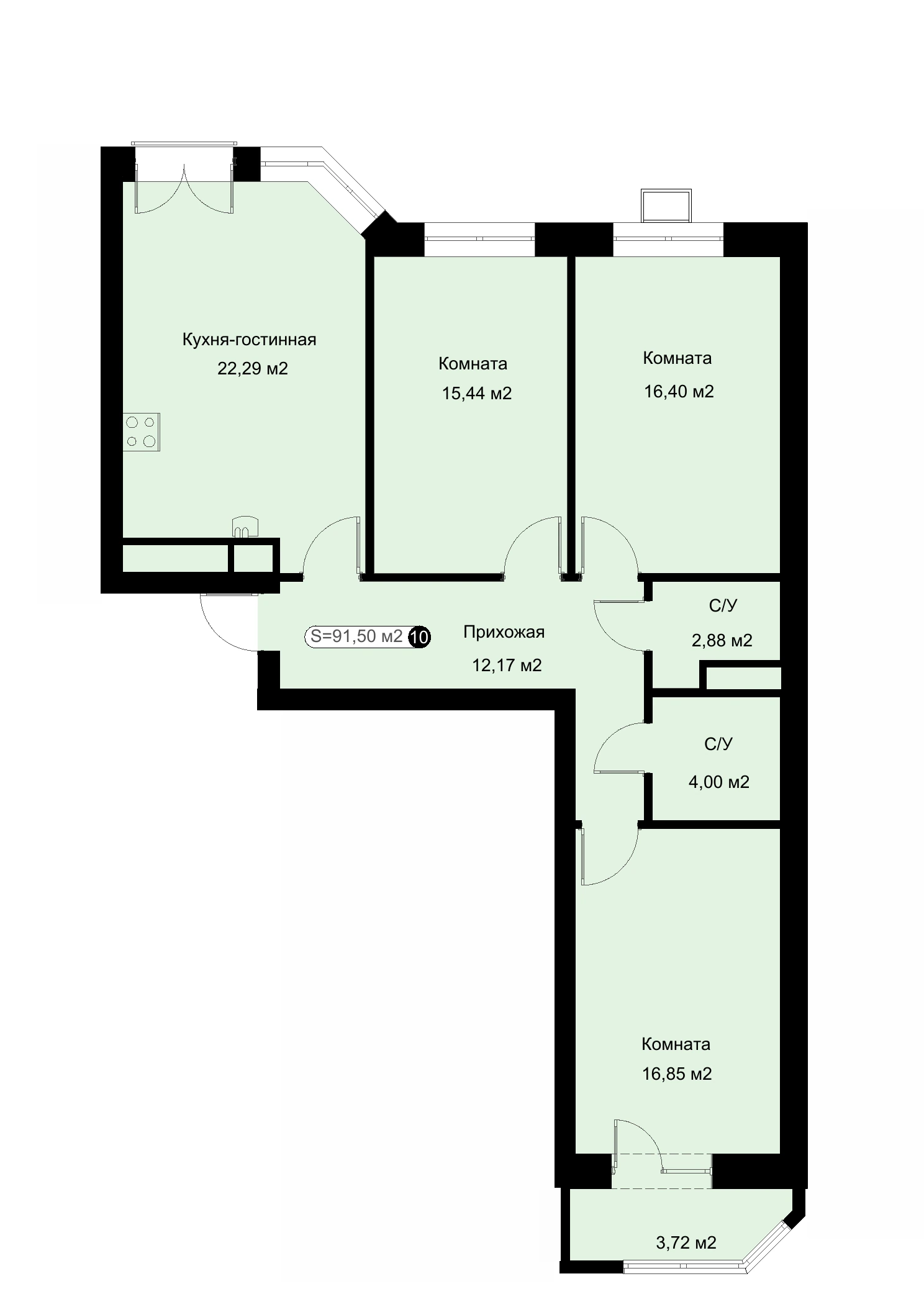 Планировка: 3-комнатная квартира 91,5 м²