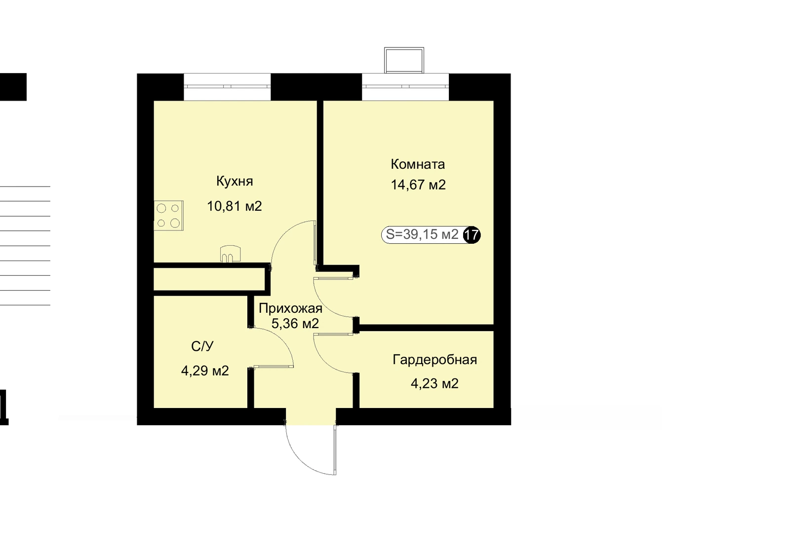 Планировка: 1-комнатная квартира 39,15 м²