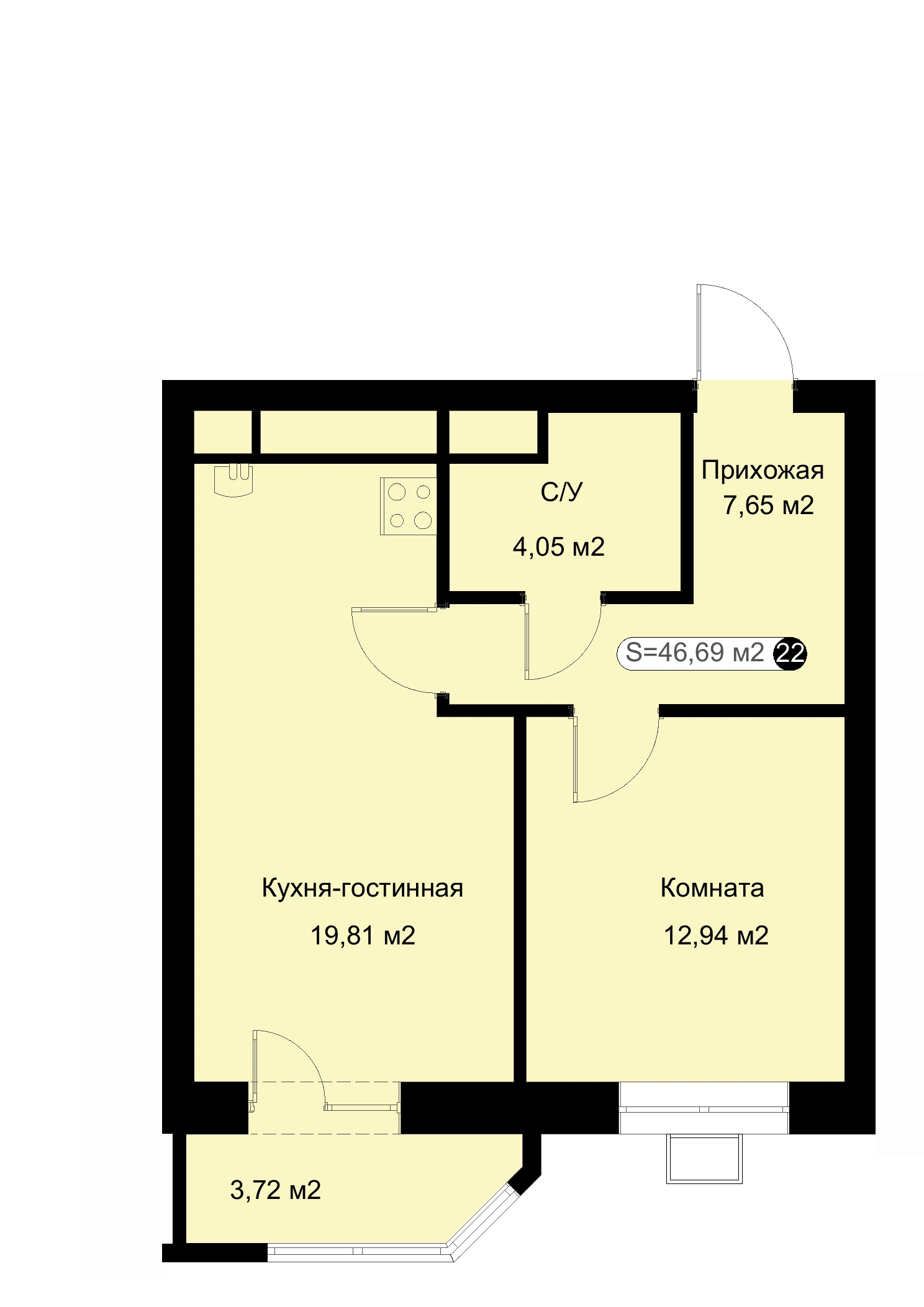 Планировка: 1-комнатная квартира 46,69 м²