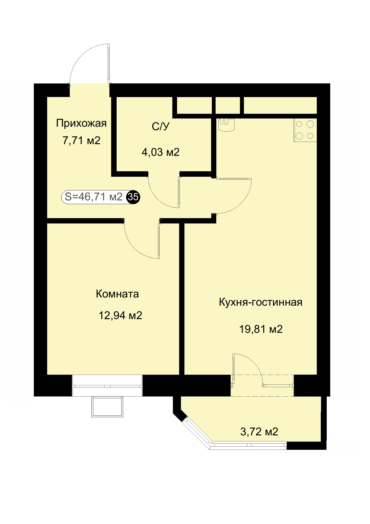 Планировка: 1-комнатная квартира 46,71 м²