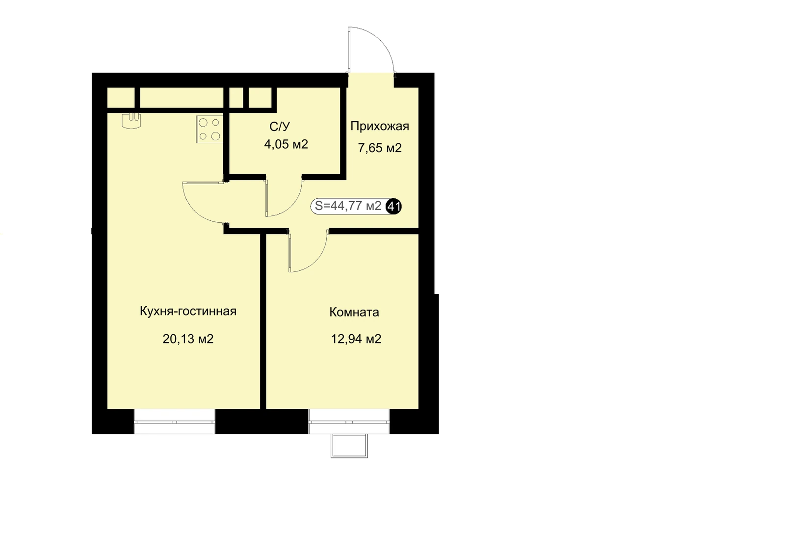 Планировка: 1-комнатная квартира 44,77 м²