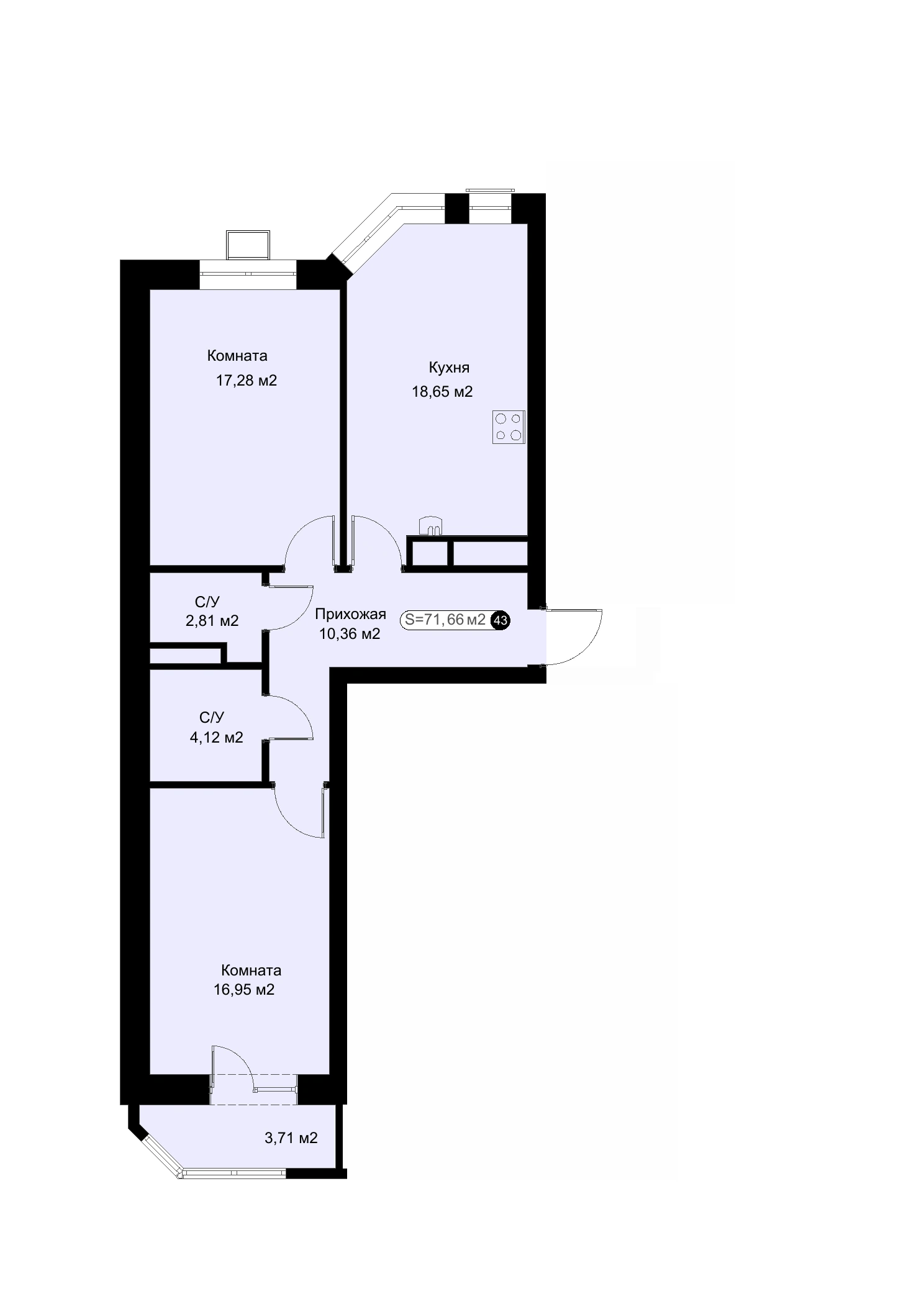 Планировка: 2-комнатная квартира 71,66 м²