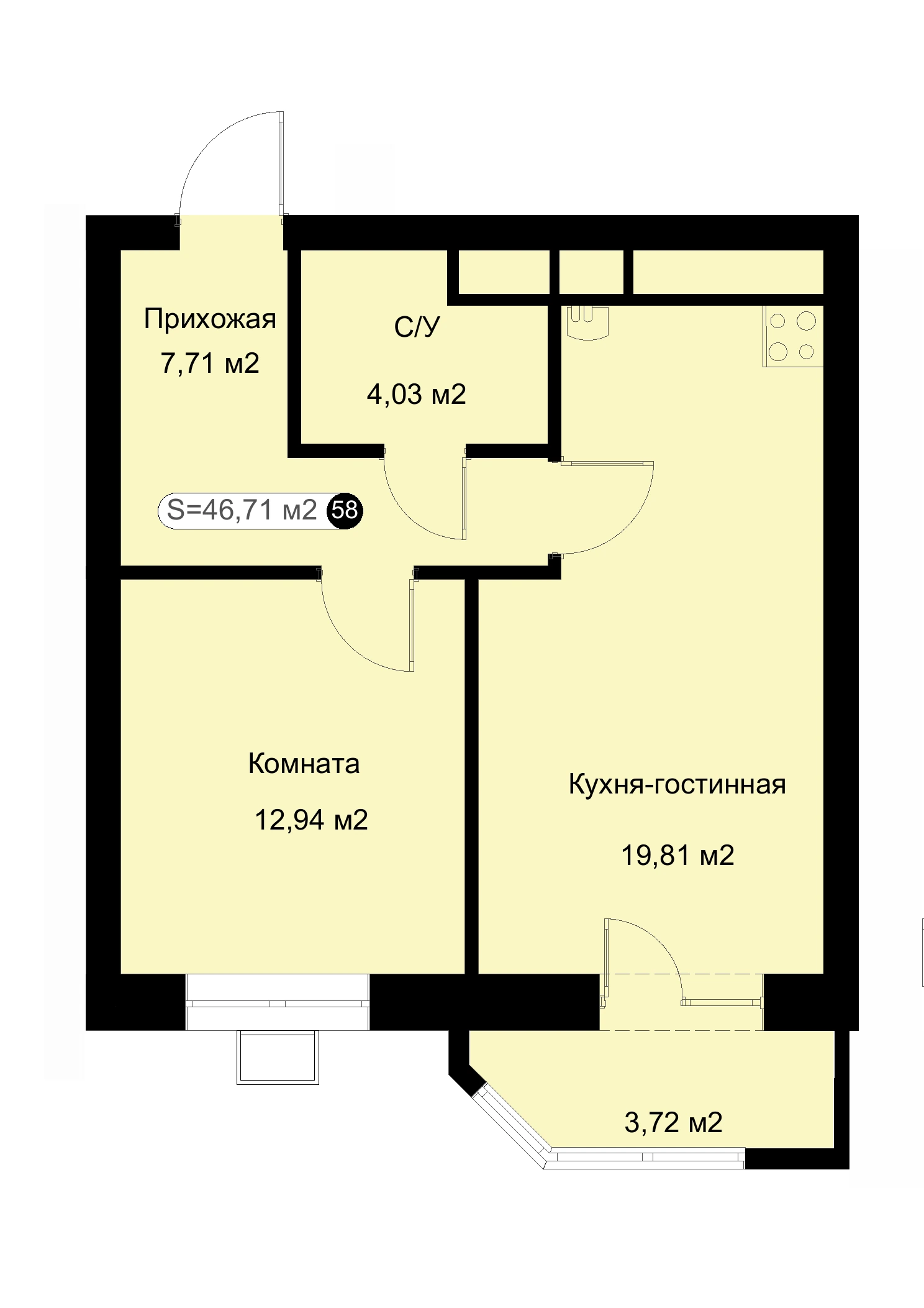 Планировка: 1-комнатная квартира 46,71 м²