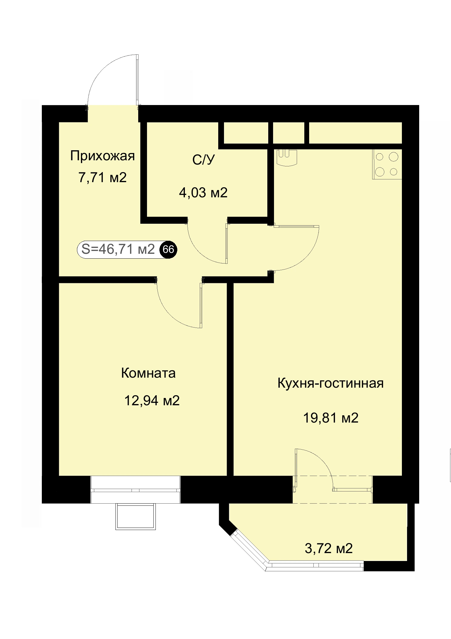 Планировка: 1-комнатная квартира 46,71 м²