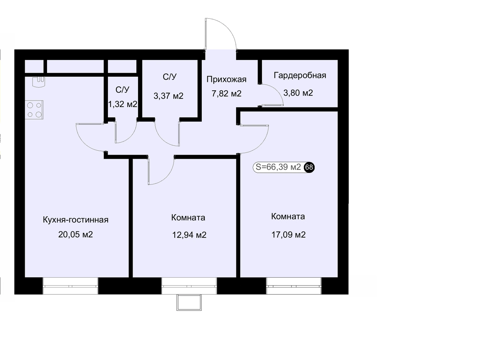 Планировка: 2-комнатная квартира 66,39 м²