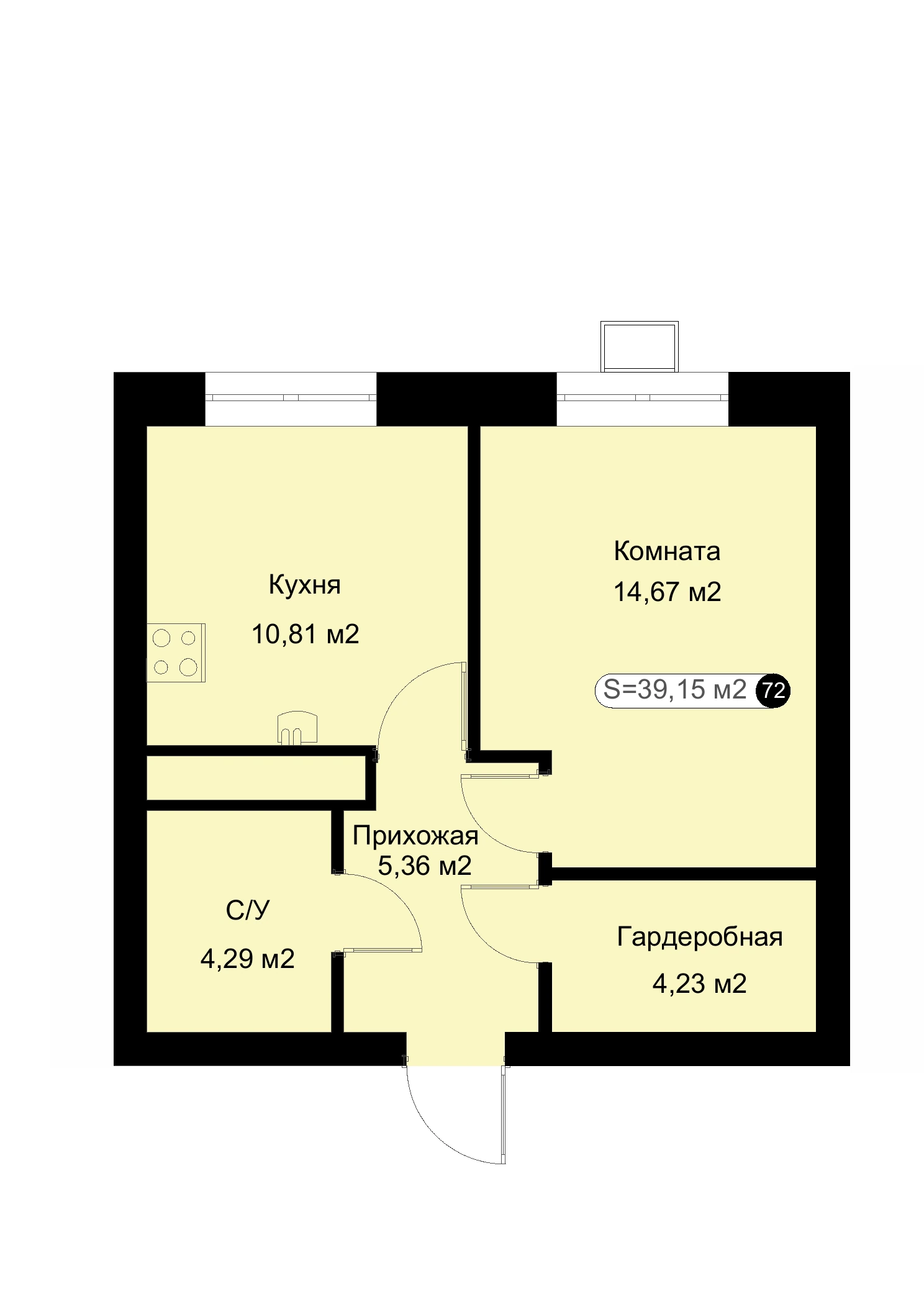 Планировка: 1-комнатная квартира 39,15 м²