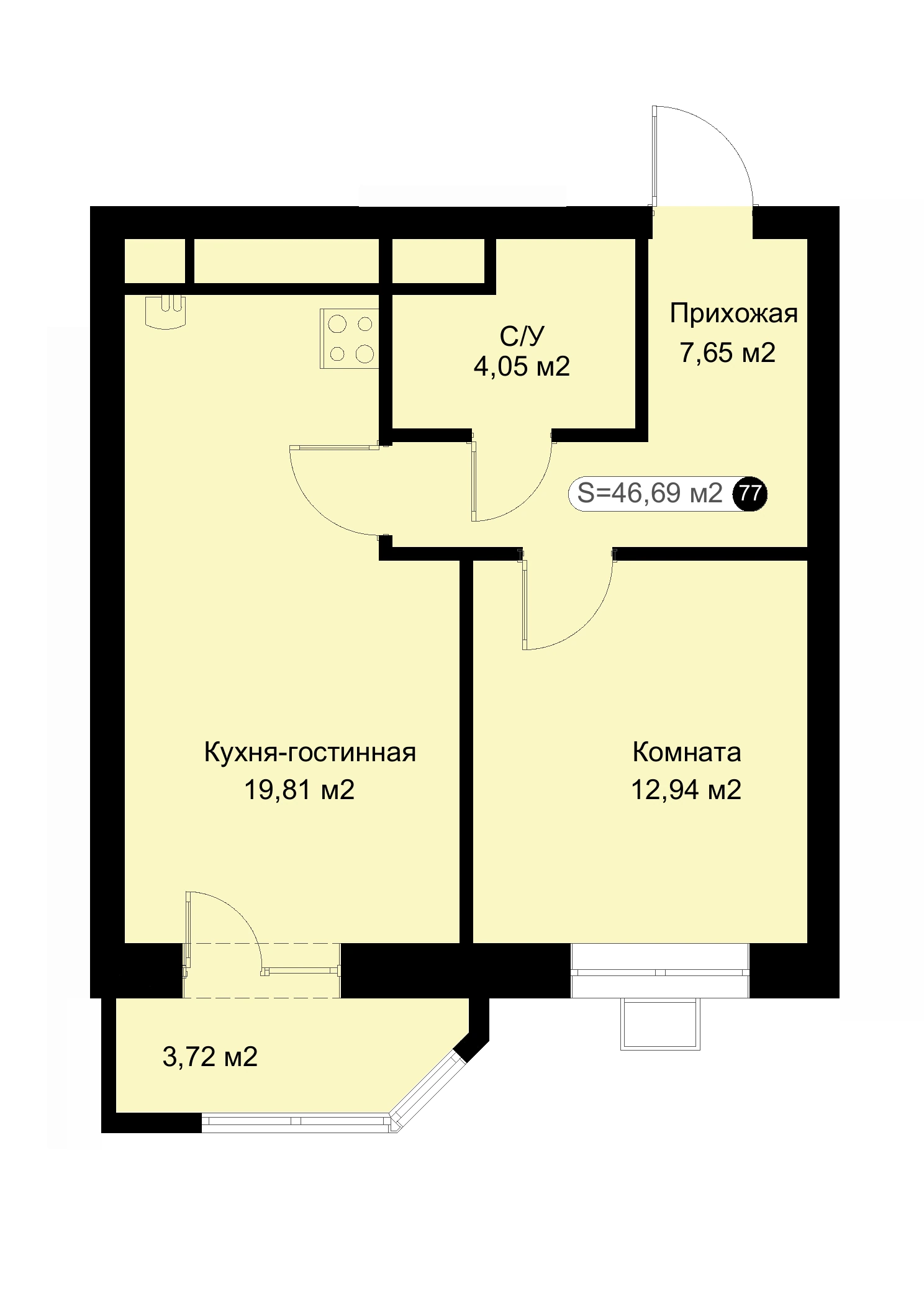 Планировка: 1-комнатная квартира 46,69 м²