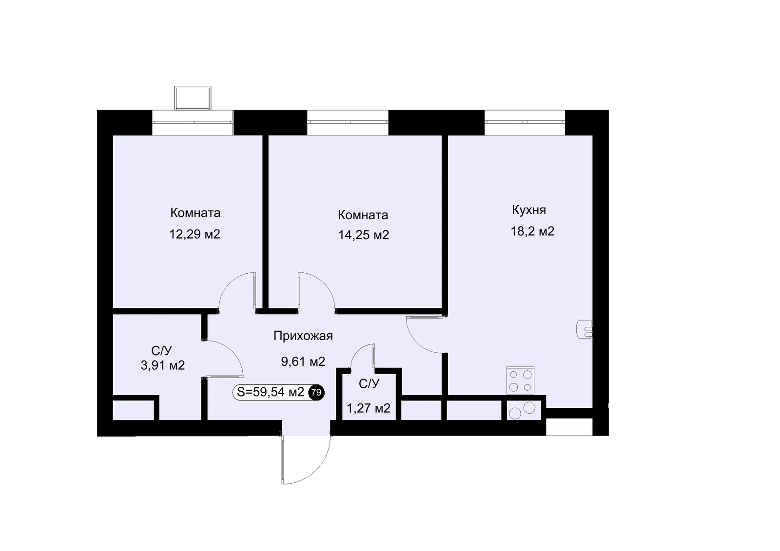 Планировка: 2-комнатная квартира 59,54 м²