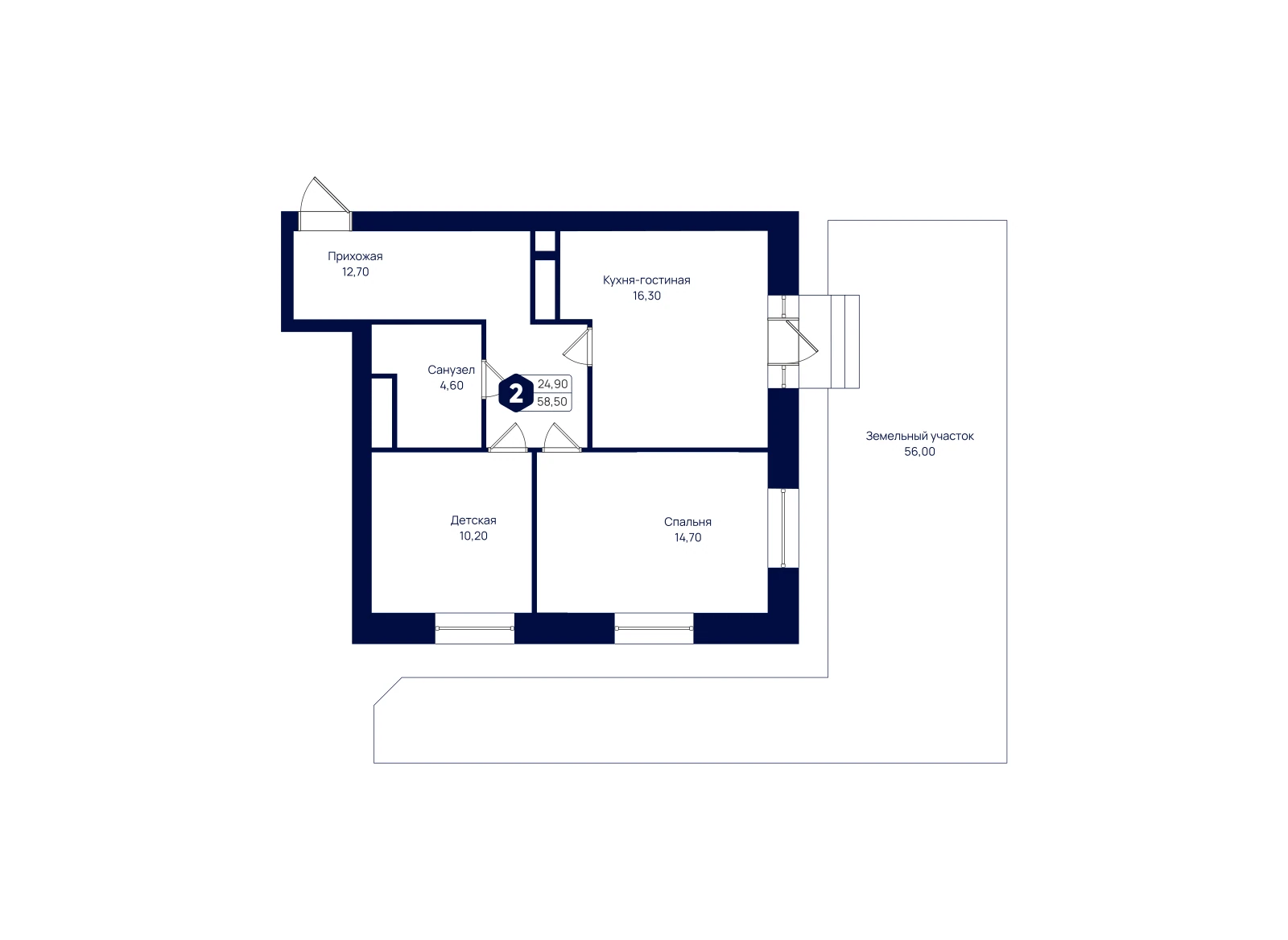 Планировка: 2-комнатная квартира 58,5 м²