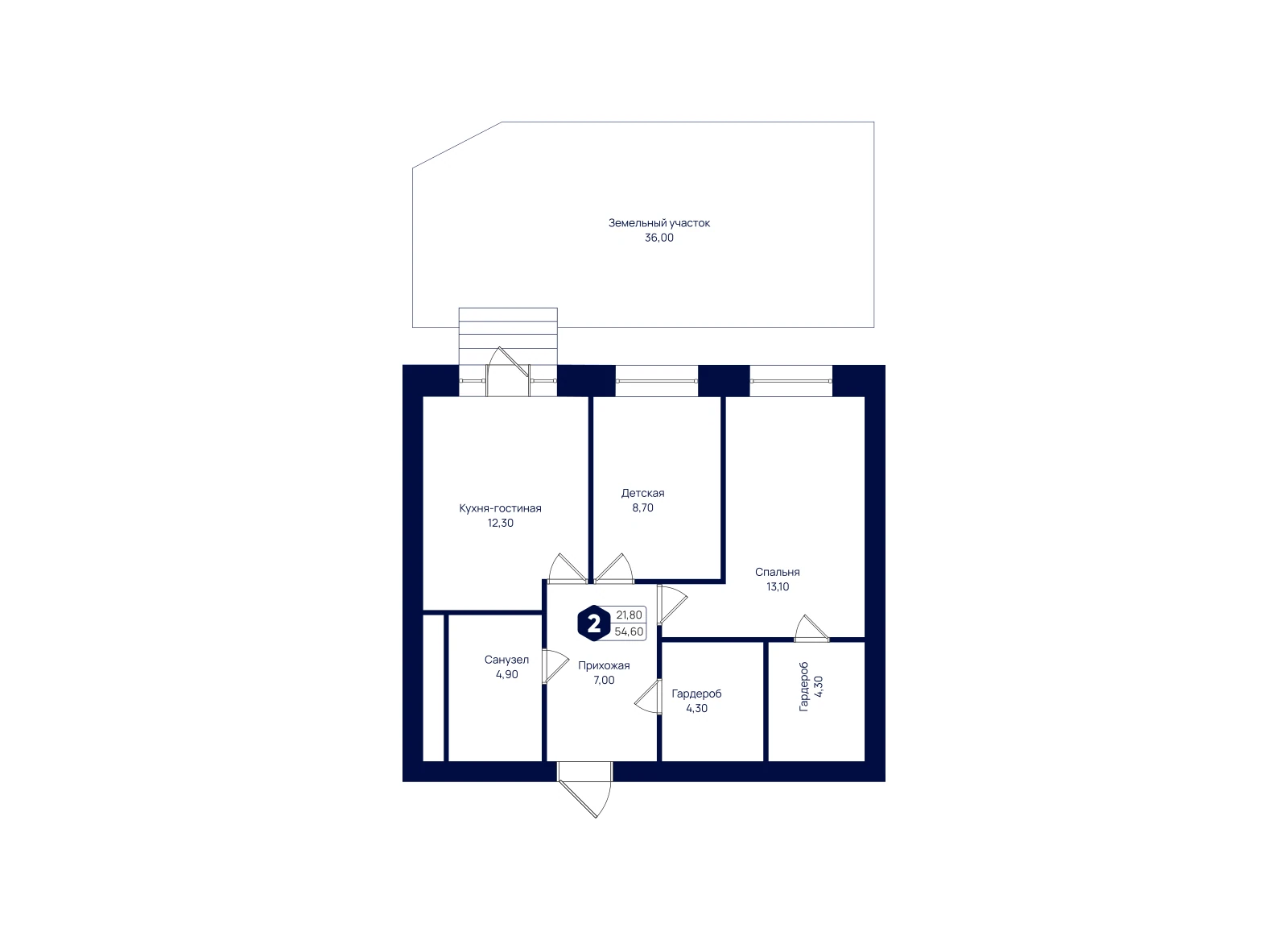 Планировка: 2-комнатная квартира 54,6 м²