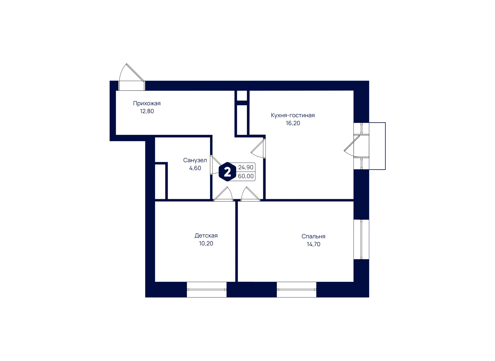 Планировка: 2-комнатная квартира 60 м²