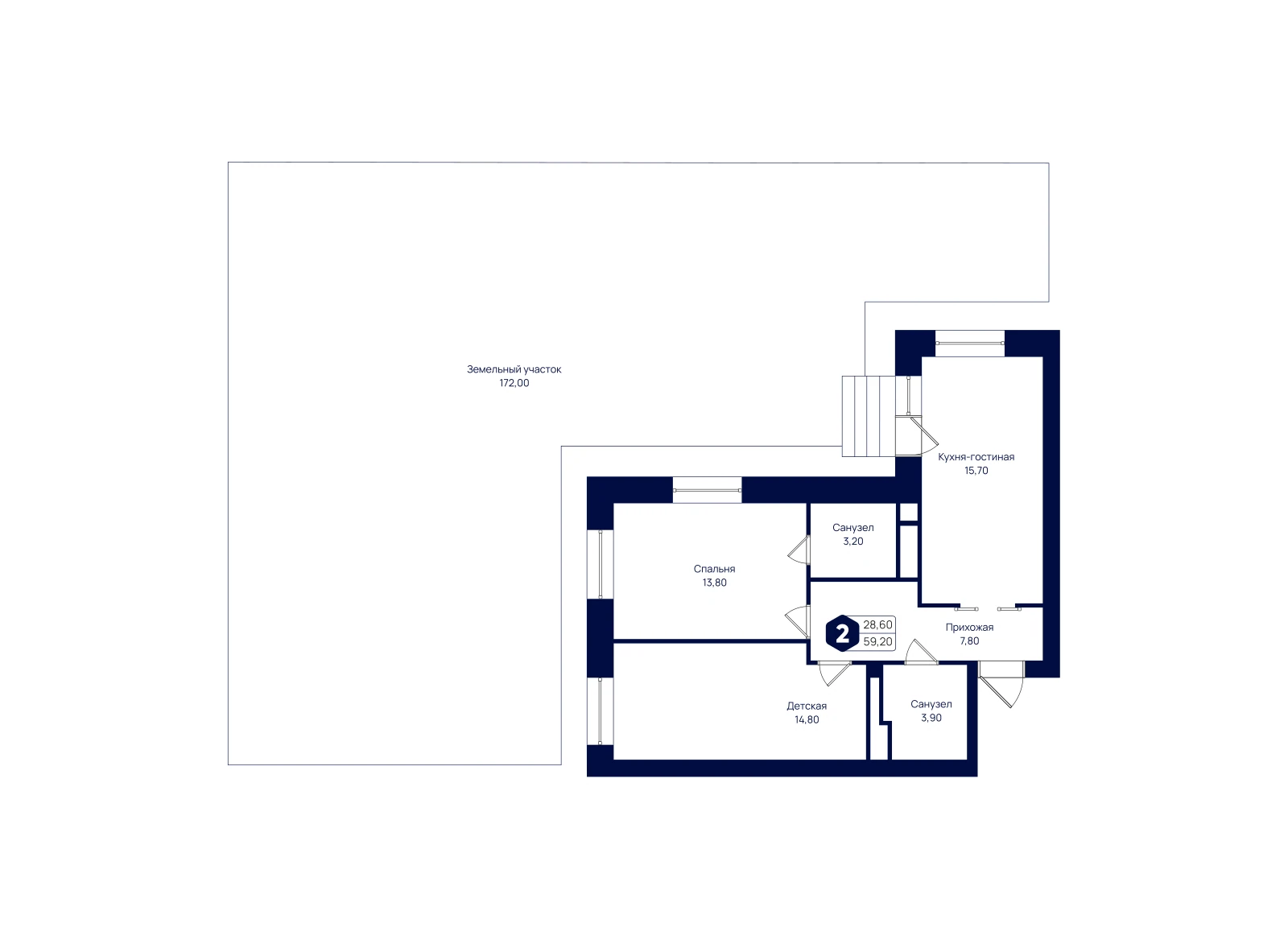 Планировка: 2-комнатная квартира 59,2 м²