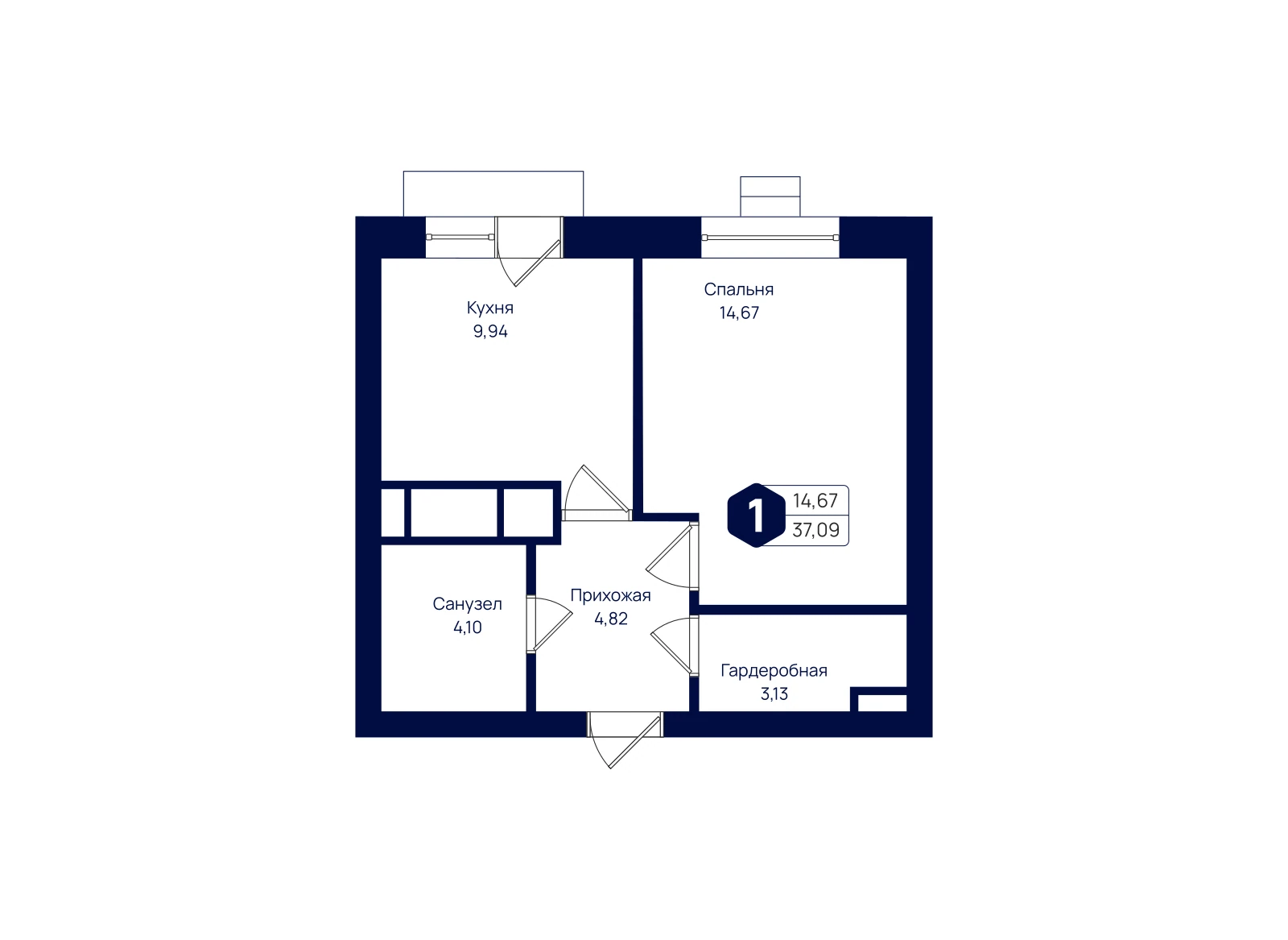 Планировка: 1-комнатная квартира 37,09 м²