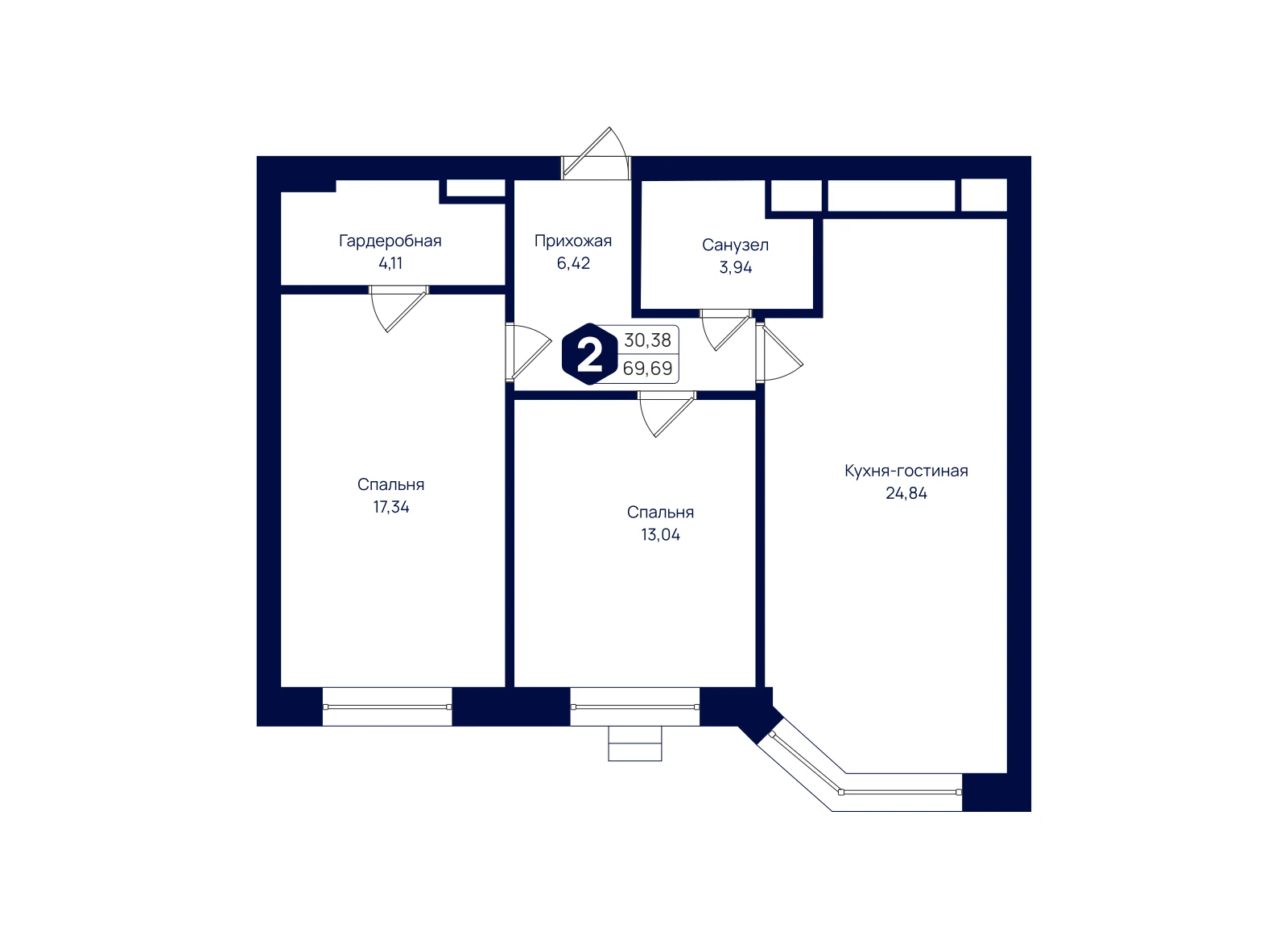 Планировка: 2-комнатная квартира 69,69 м²