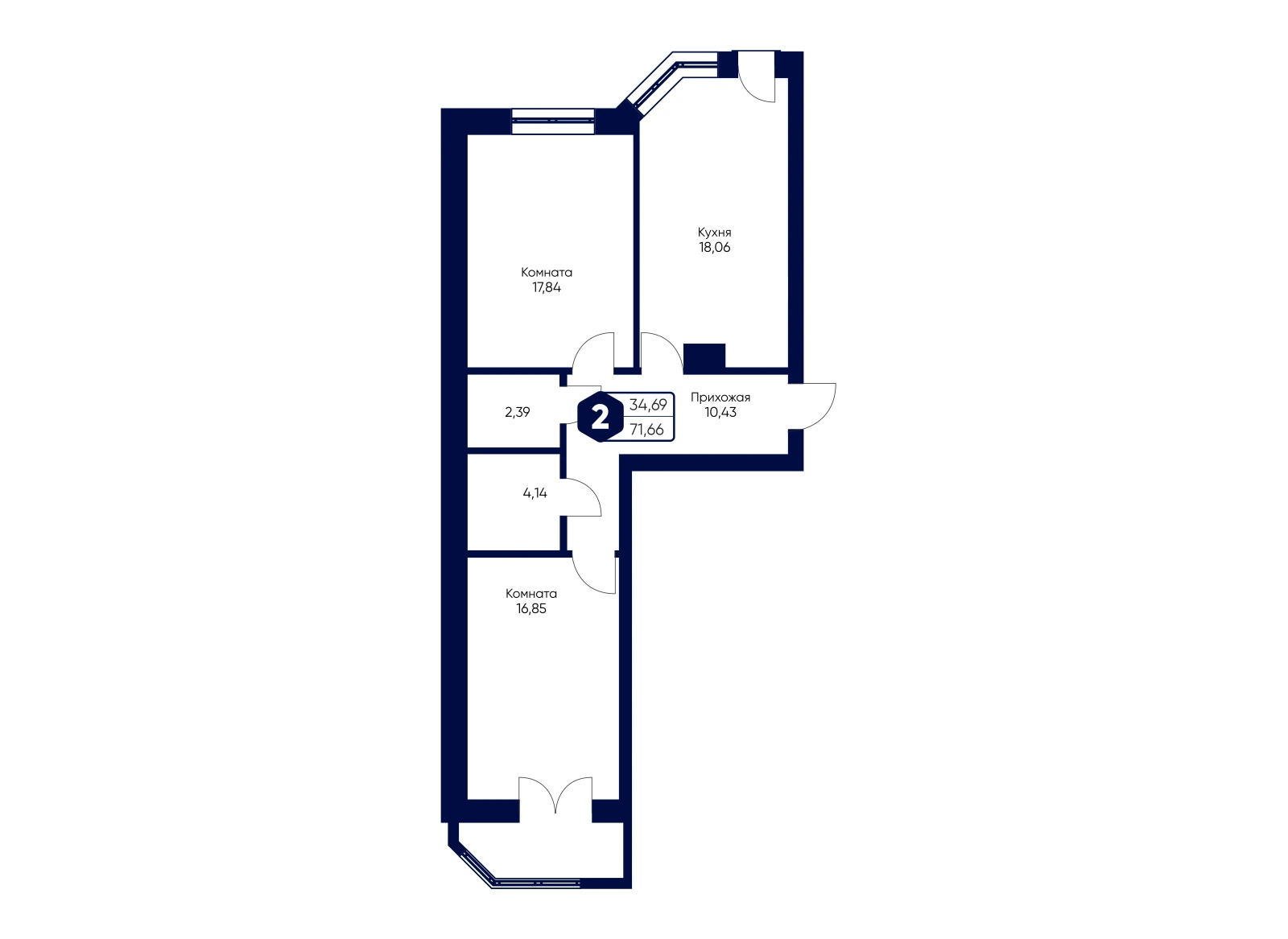 Планировка: 2-комнатная квартира 71,66 м²