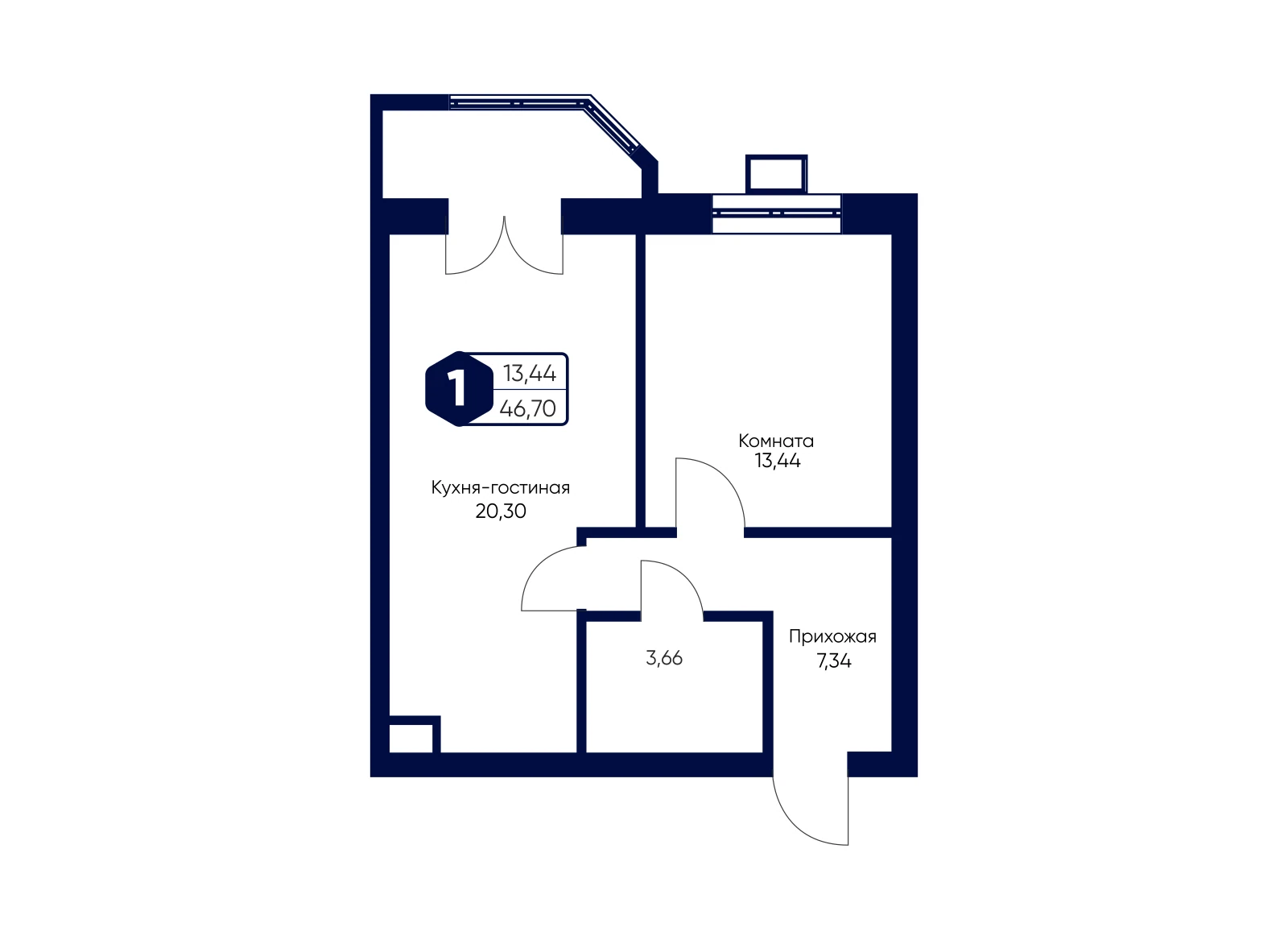 Планировка: 1-комнатная квартира 46,7 м²