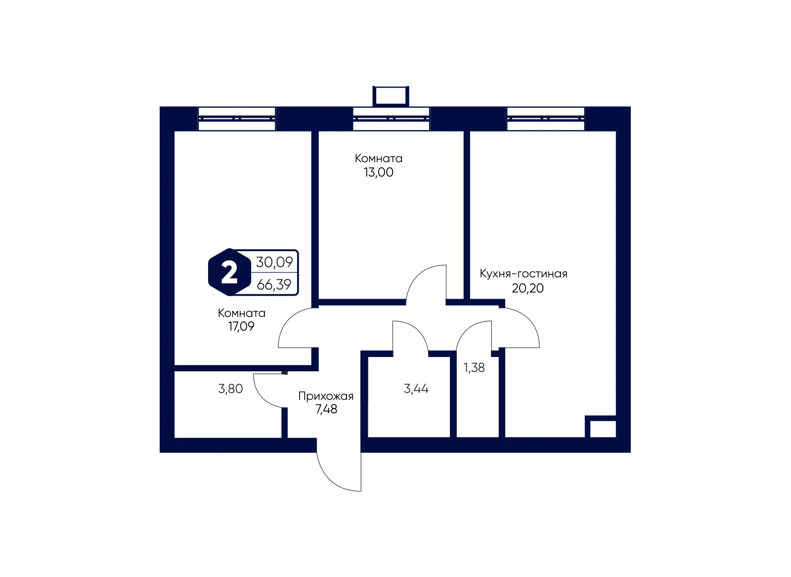 Планировка: 2-комнатная квартира 66,39 м²