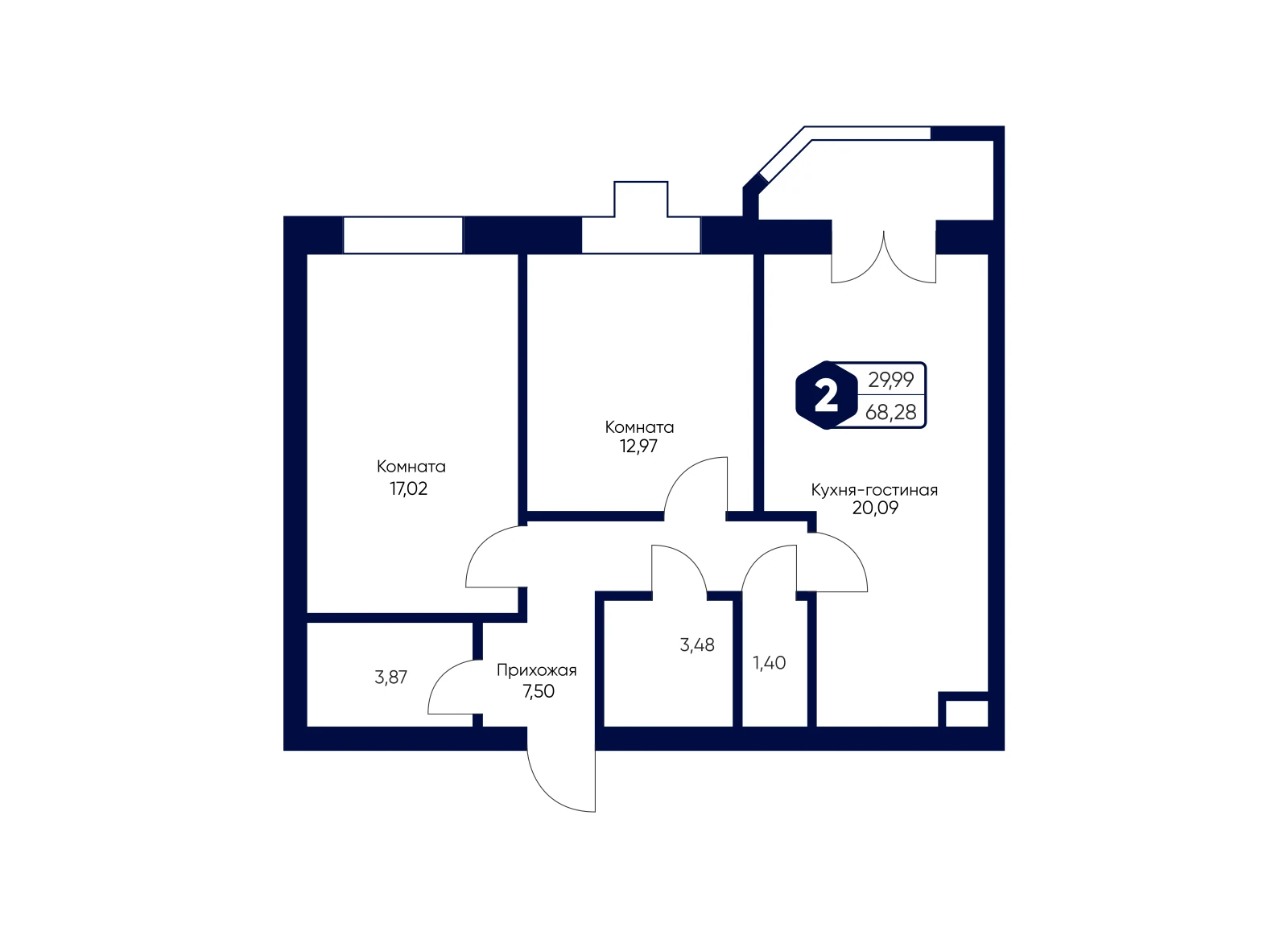 Планировка: 2-комнатная квартира 68,28 м²