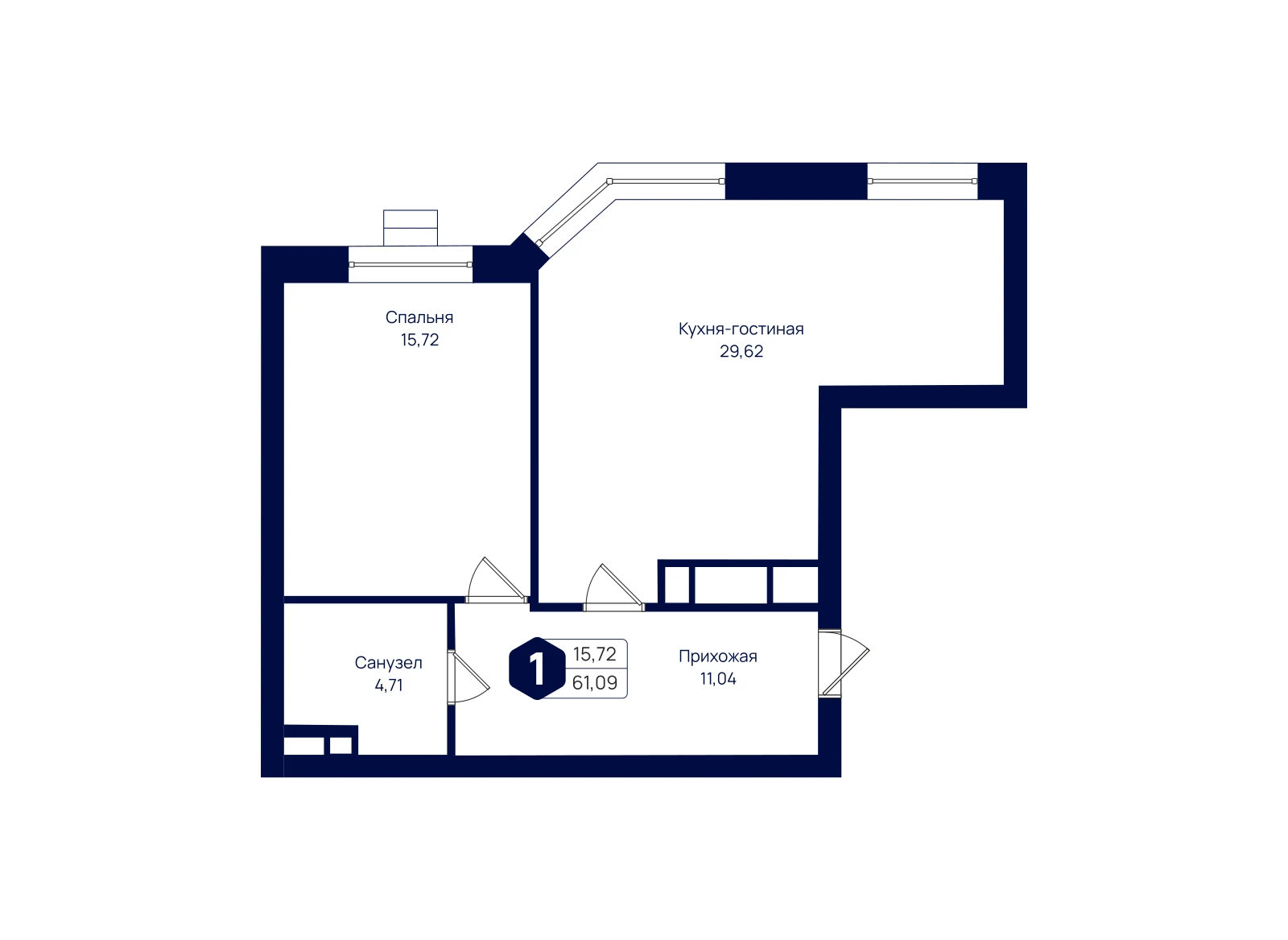 Планировка: 1-комнатная квартира 61,09 м²