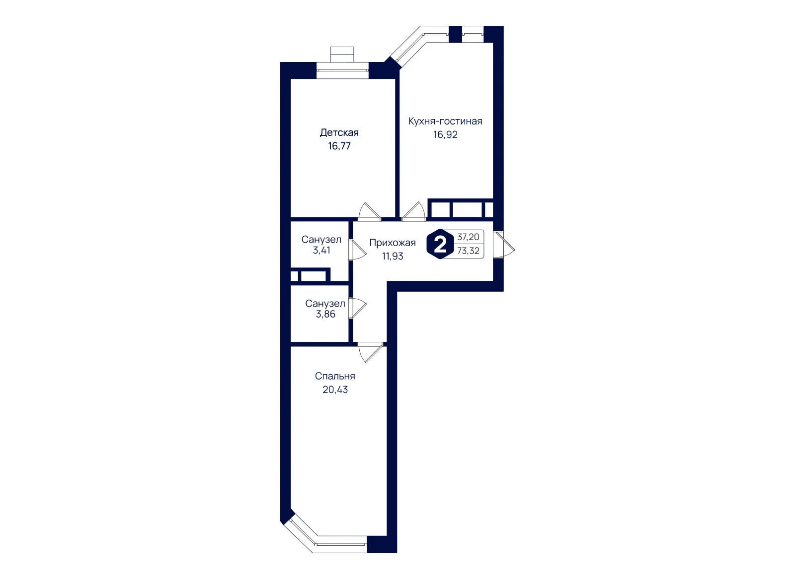 Планировка: 2-комнатная квартира 73,32 м²