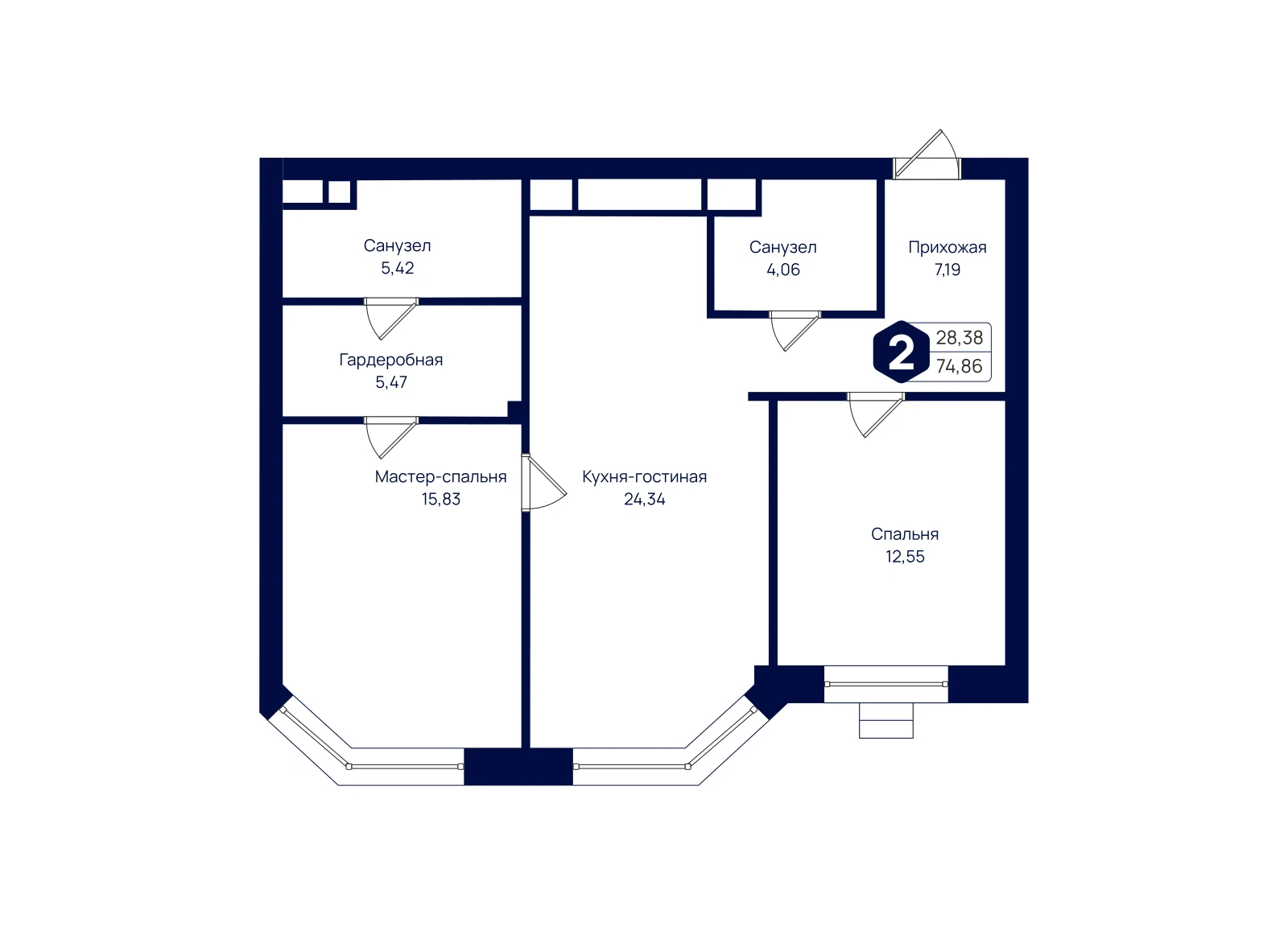 Планировка: 2-комнатная квартира 74,86 м²