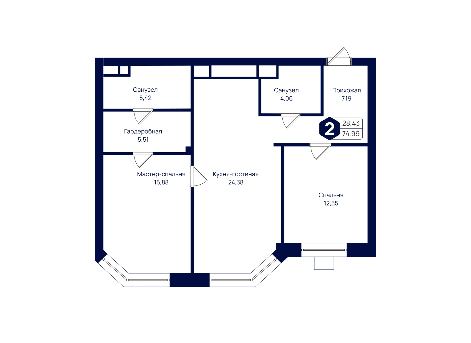 Планировка: 2-комнатная квартира 74,99 м²