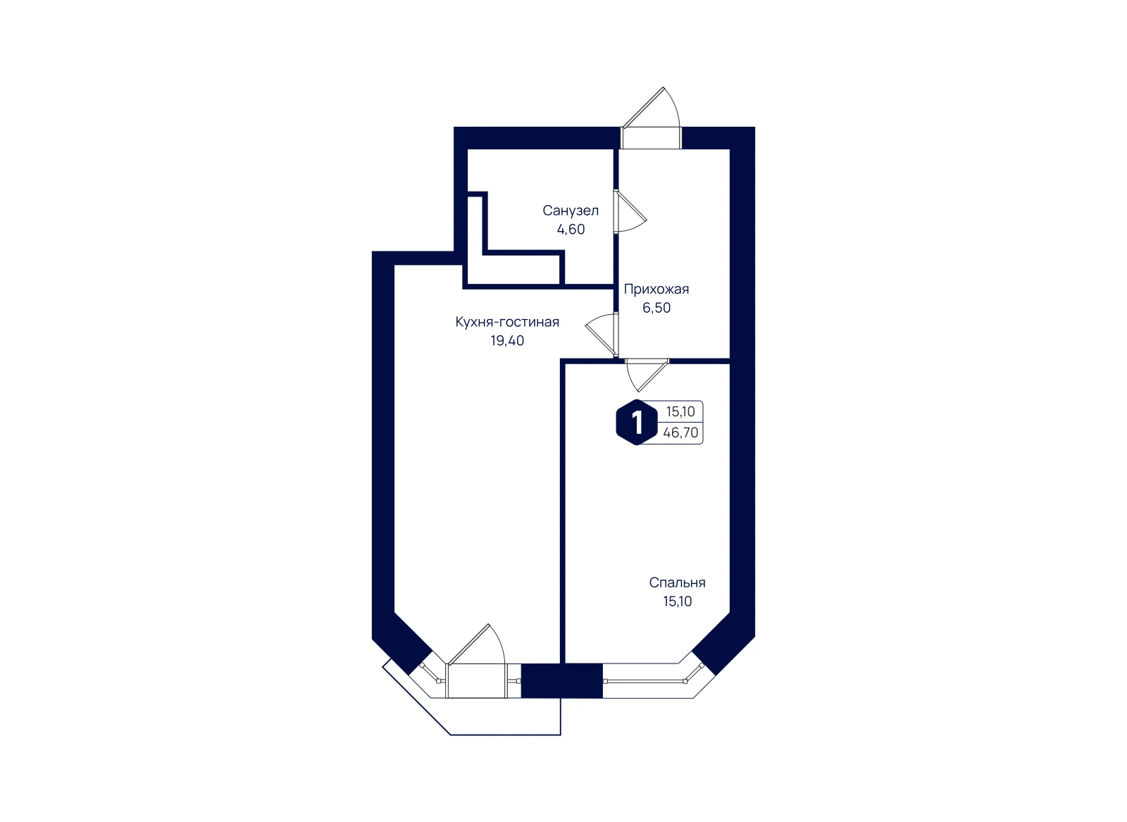 Планировка: 1-комнатная квартира 46,7 м²