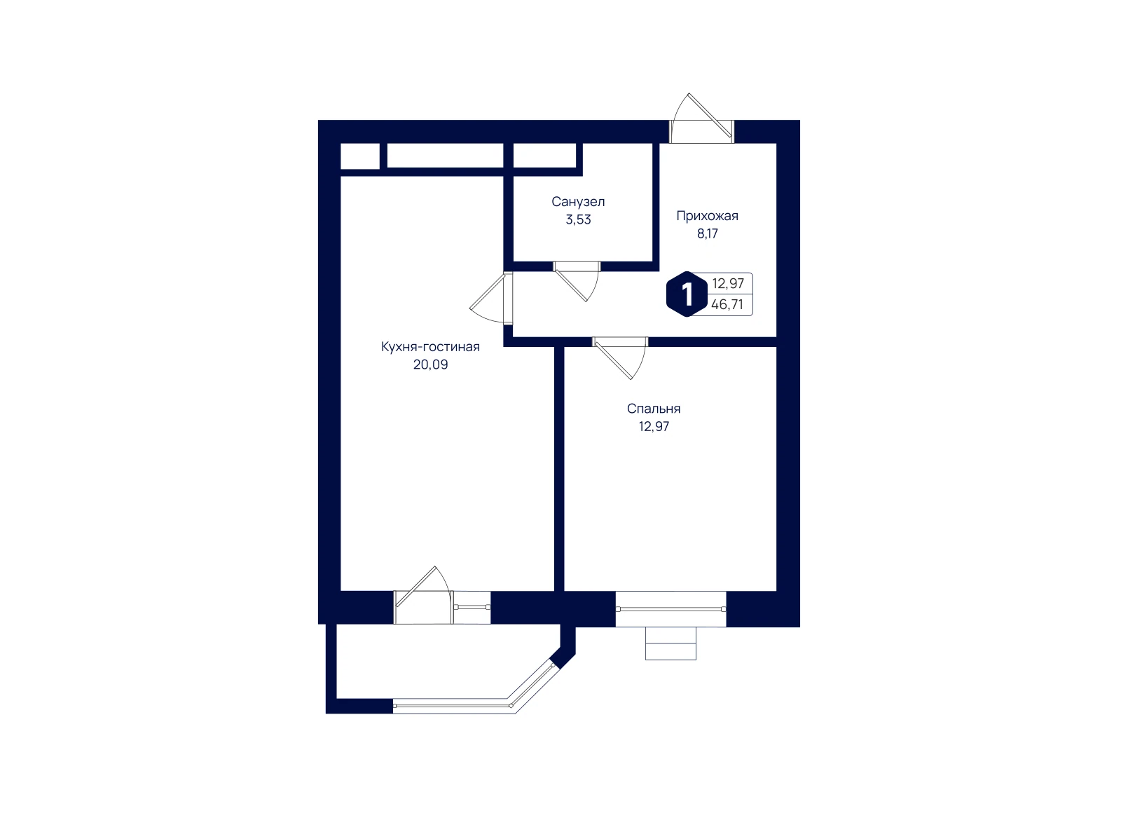 Планировка: 1-комнатная квартира 46,71 м²