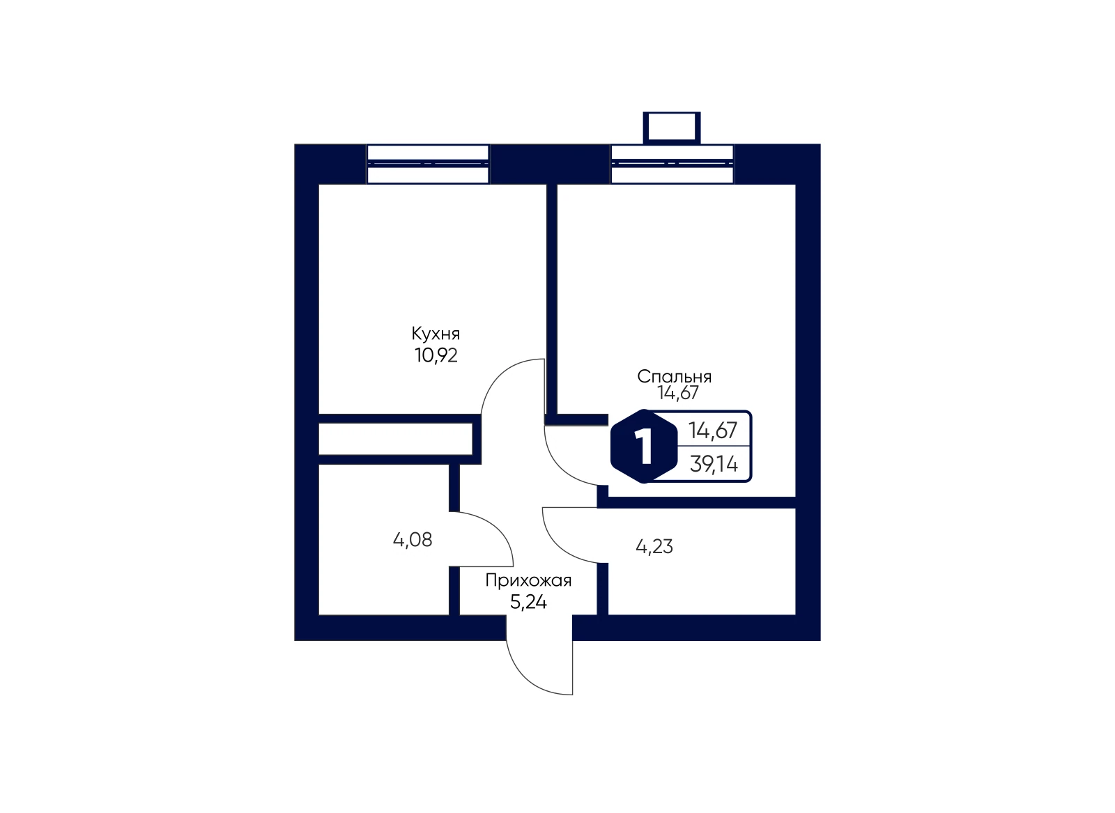 Планировка: 1-комнатная квартира 39,14 м²