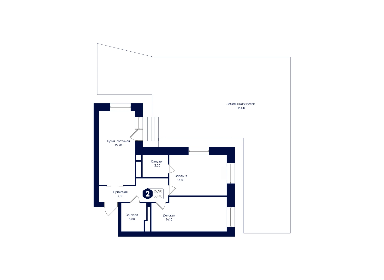 Планировка: 2-комнатная квартира 58,4 м²