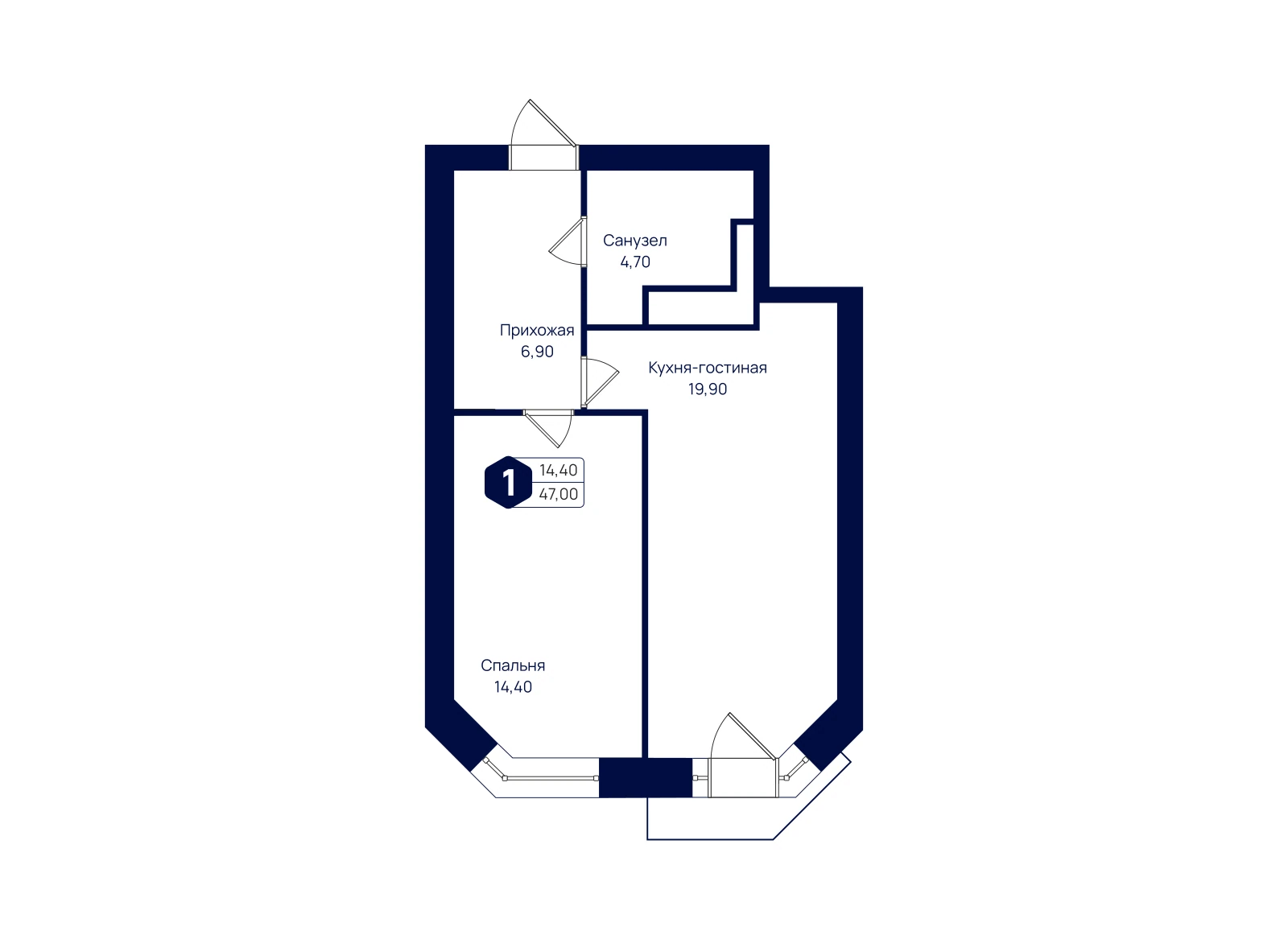 Планировка: 1-комнатная квартира 47 м²