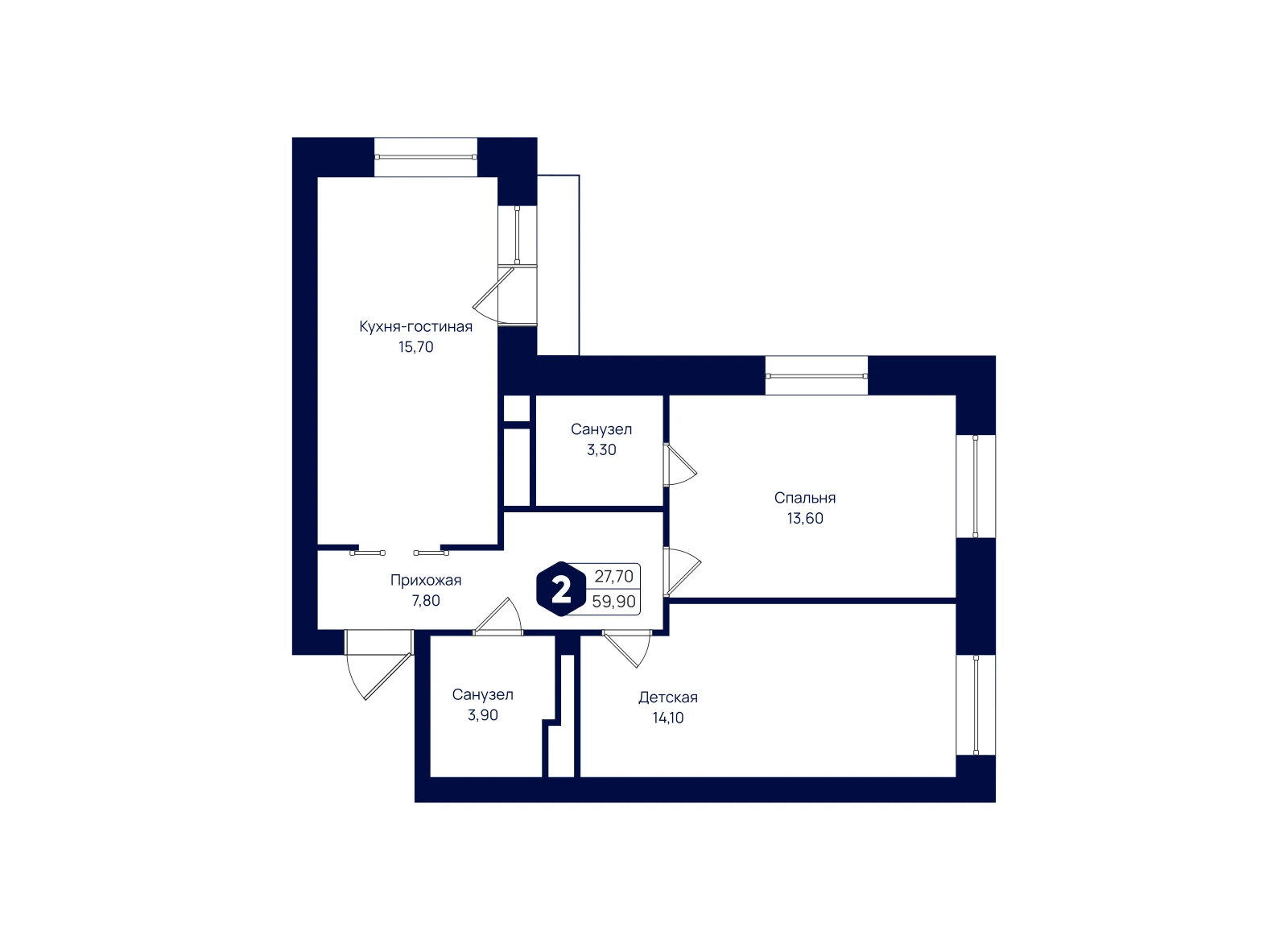 Планировка: 2-комнатная квартира 59,9 м²