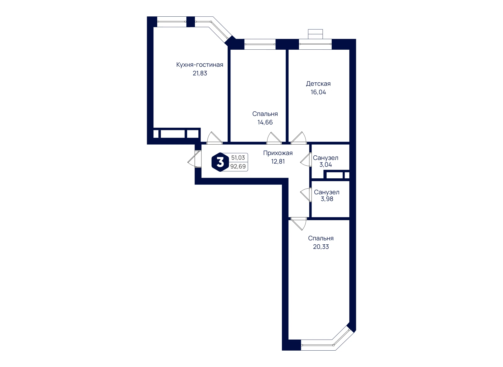 Планировка: 3-комнатная квартира 92,69 м²