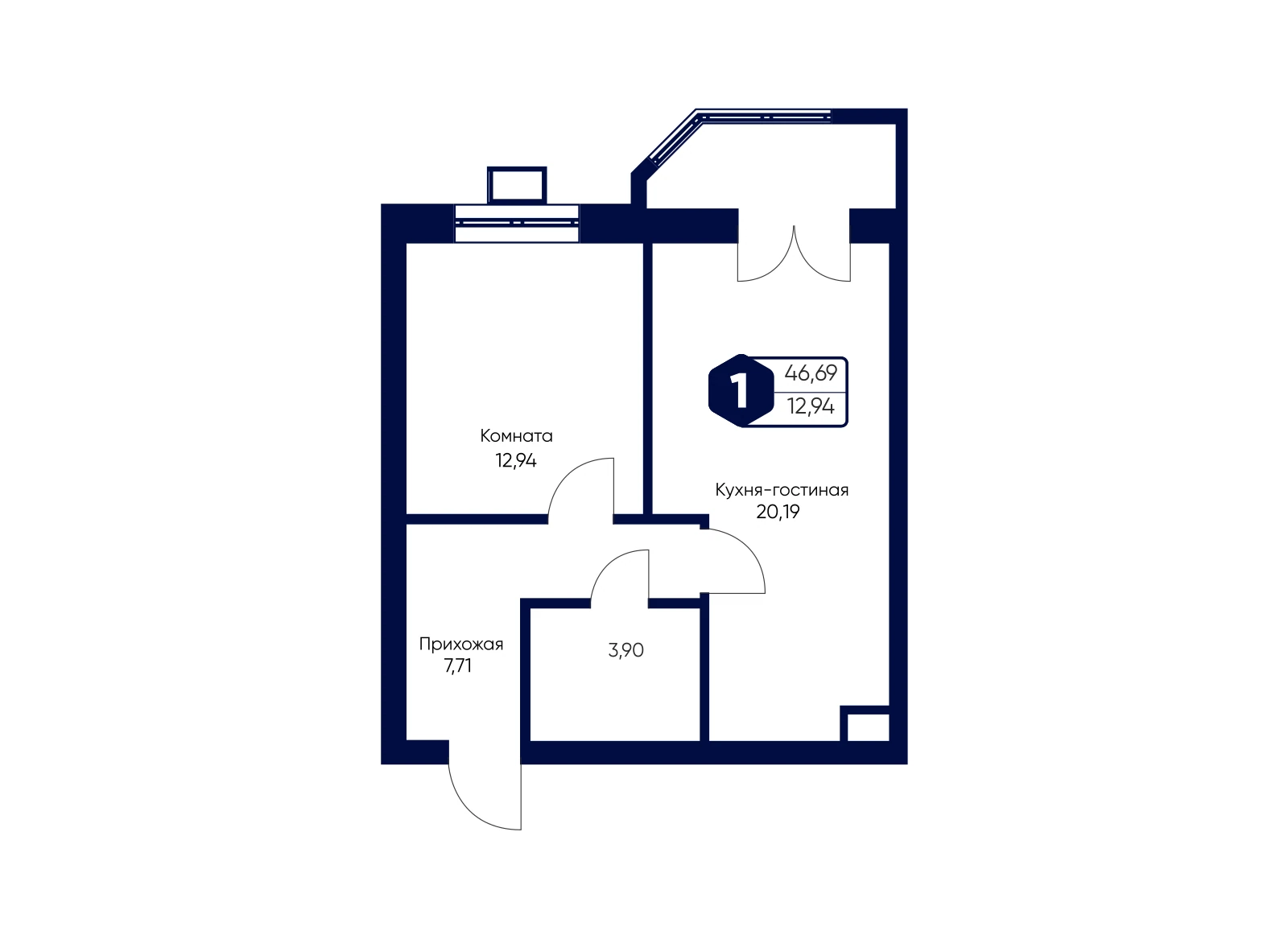 Планировка: 1-комнатная квартира 46,69 м²