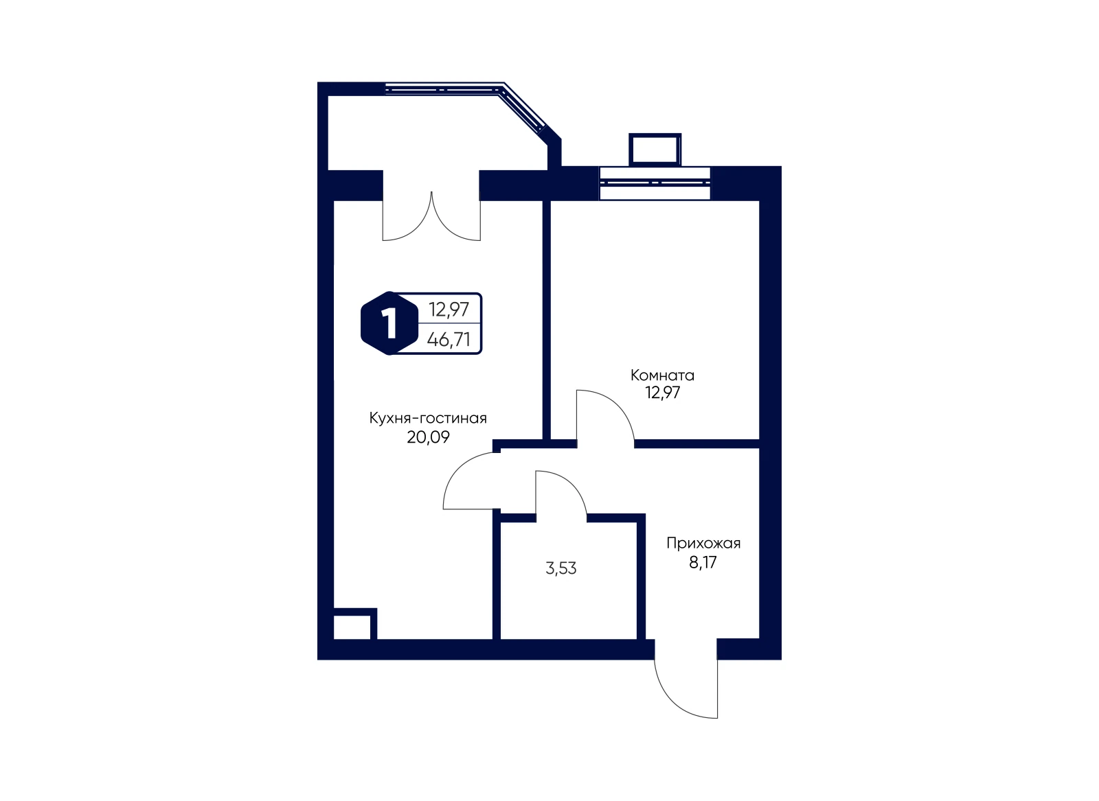 Планировка: 1-комнатная квартира 46,71 м²