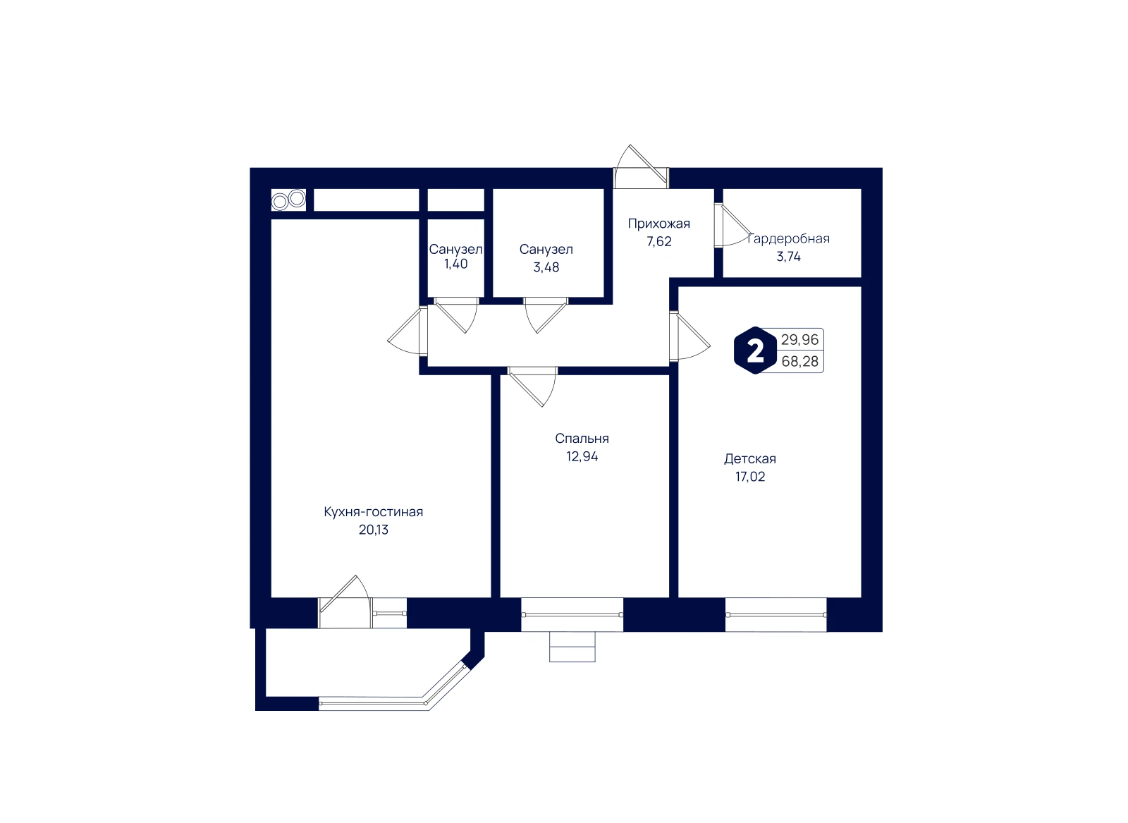 Планировка: 2-комнатная квартира 68,28 м²