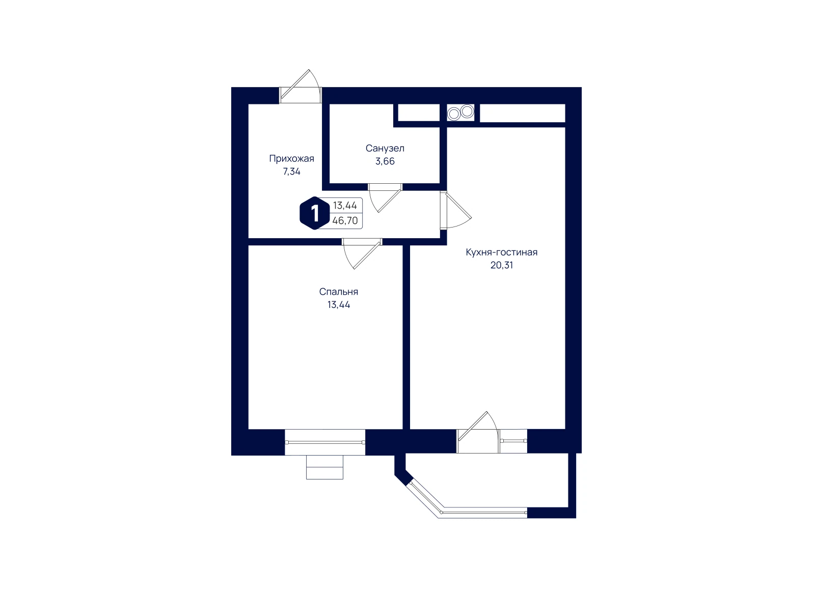 Планировка: 1-комнатная квартира 46,7 м²