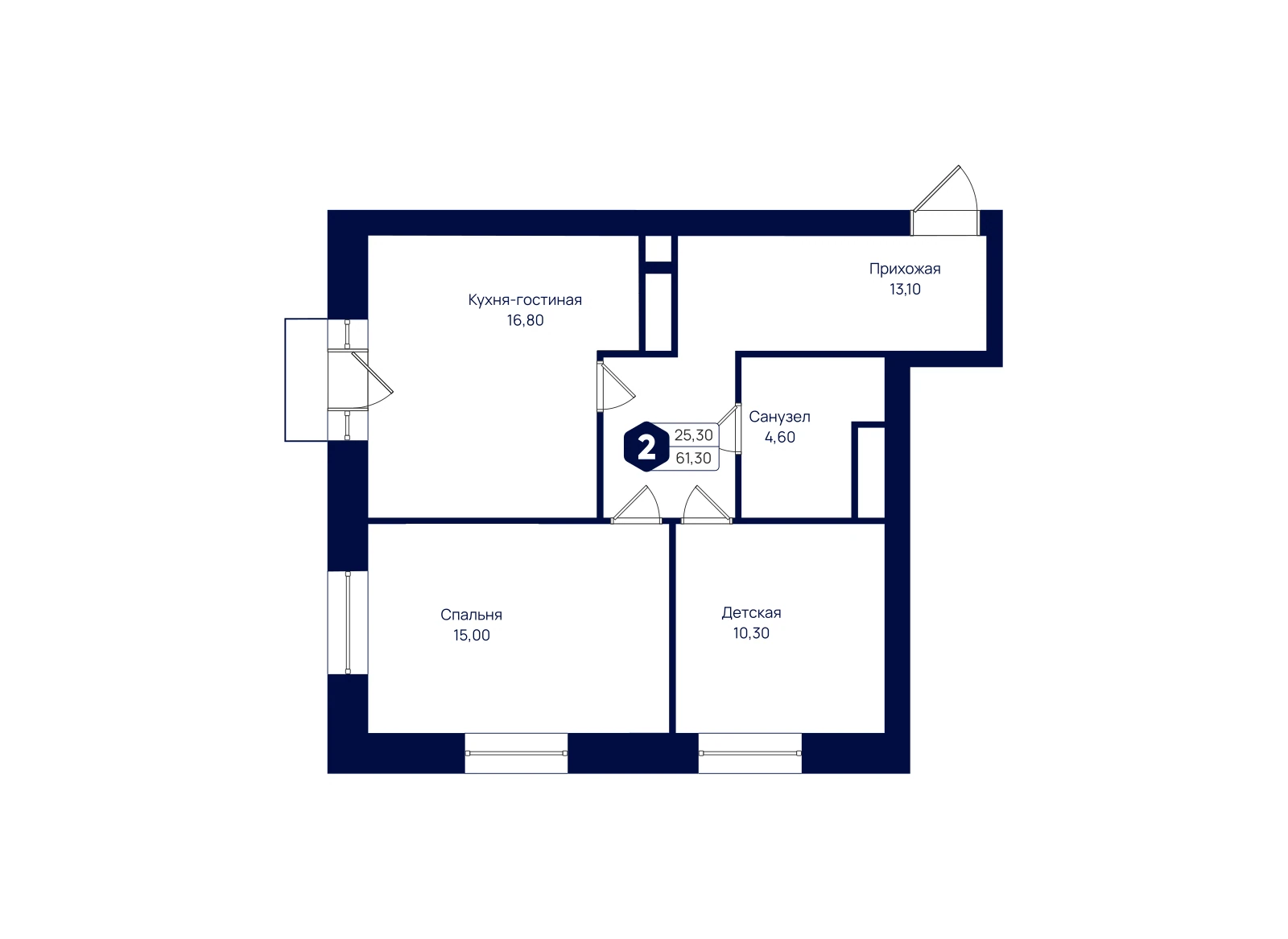 Планировка: 2-комнатная квартира 61,3 м²
