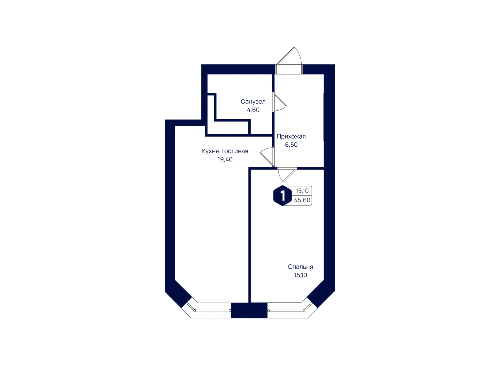 Планировка: 1-комнатная квартира 45,6 м²