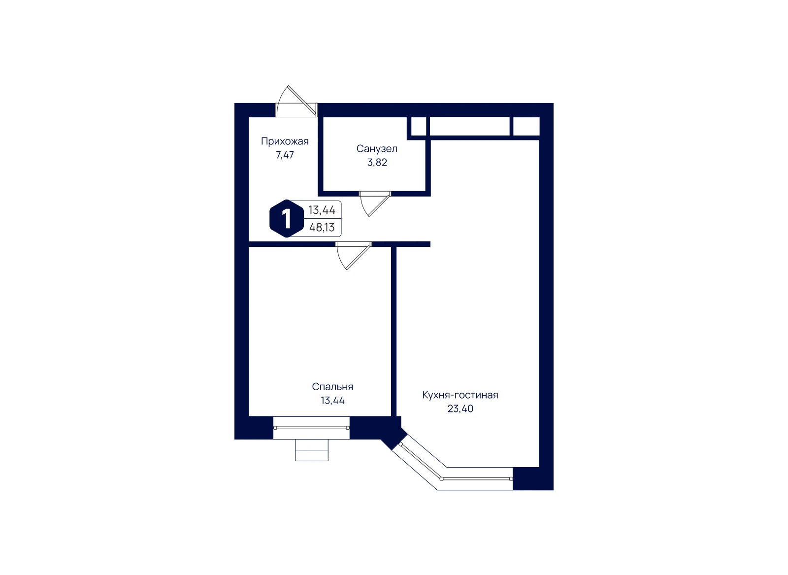 Планировка: 1-комнатная квартира 48,13 м²