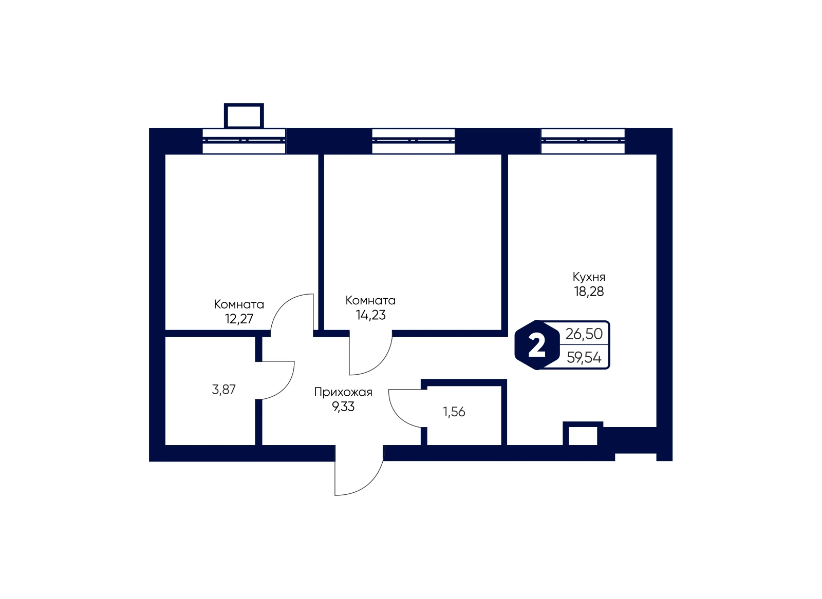 Планировка: 2-комнатная квартира 59,54 м²