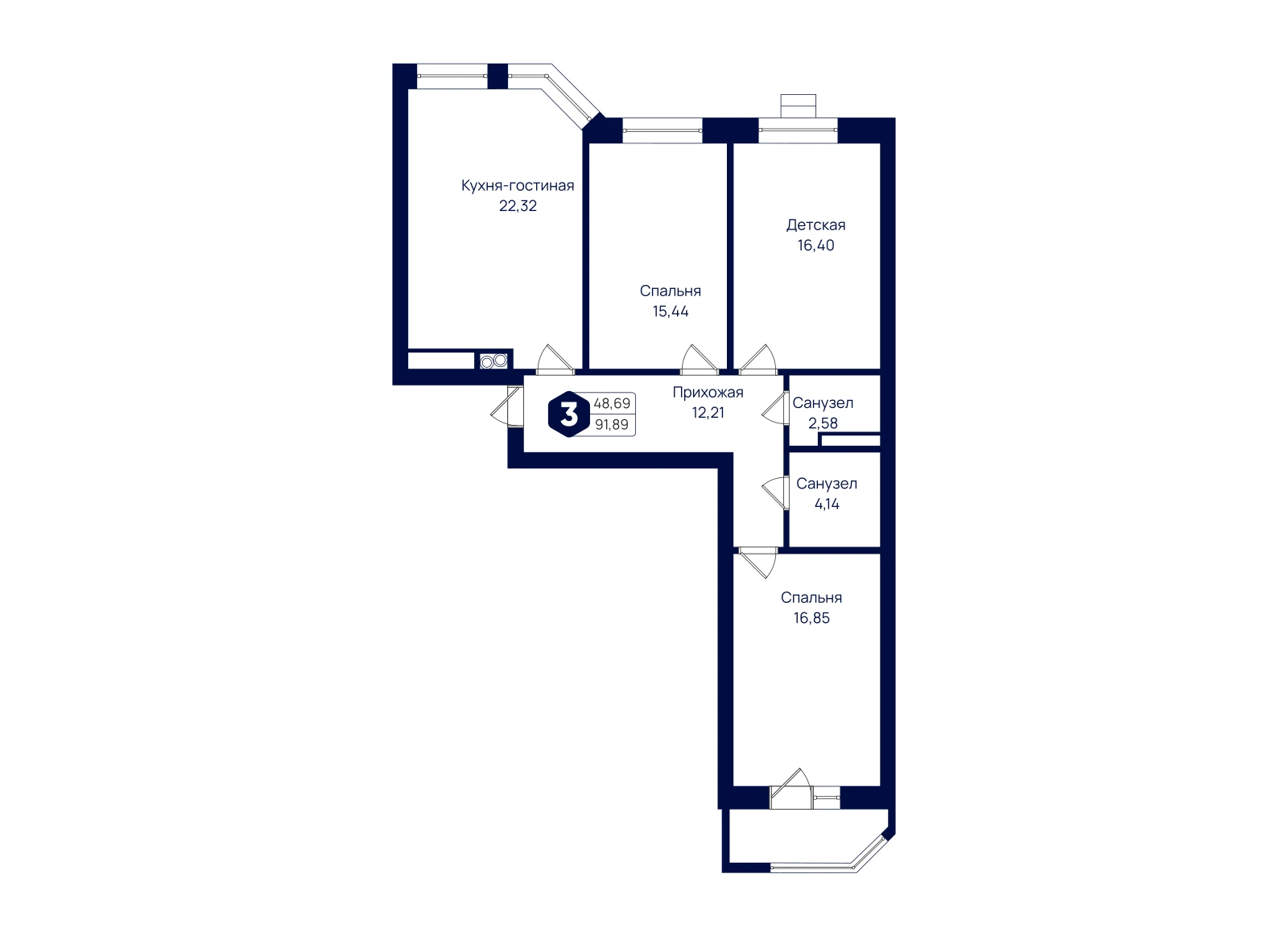 Планировка: 3-комнатная квартира 91,89 м²