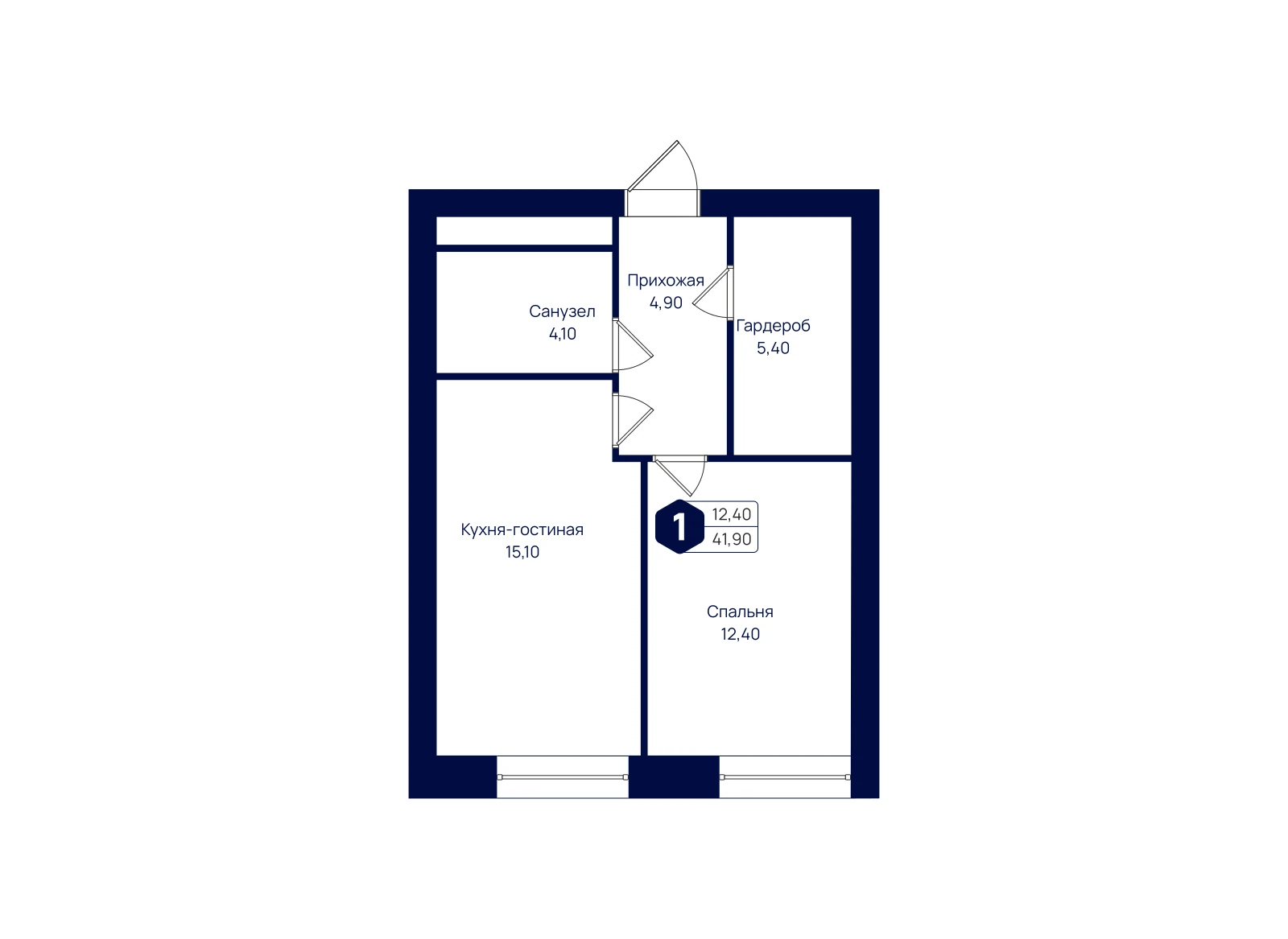 Планировка: 1-комнатная квартира 41,9 м²