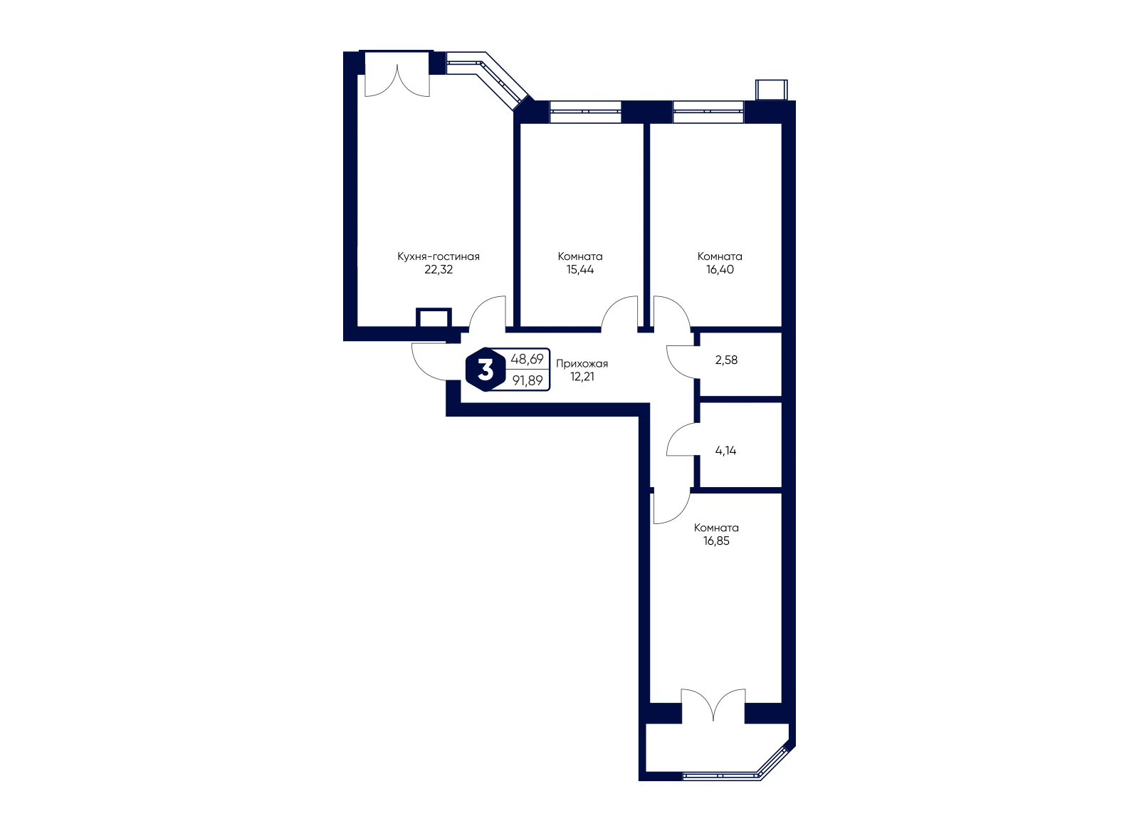 Планировка: 3-комнатная квартира 91,89 м²
