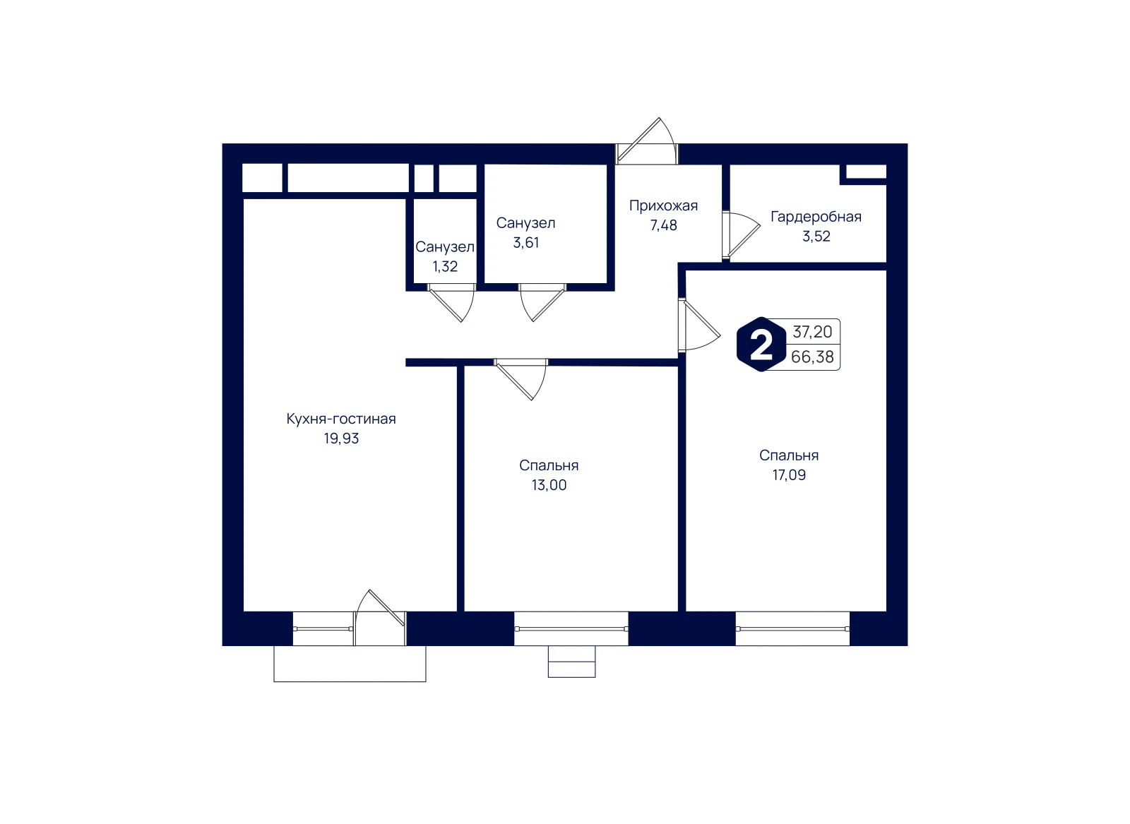 Планировка: 2-комнатная квартира 66,38 м²