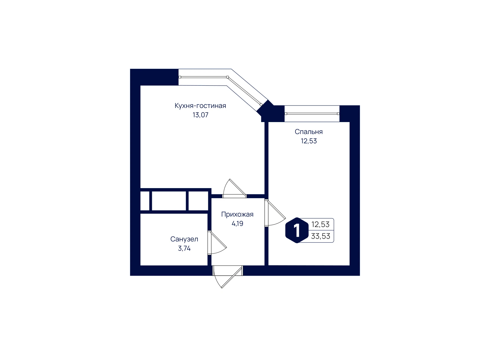 Планировка: 1-комнатная квартира 33,53 м²