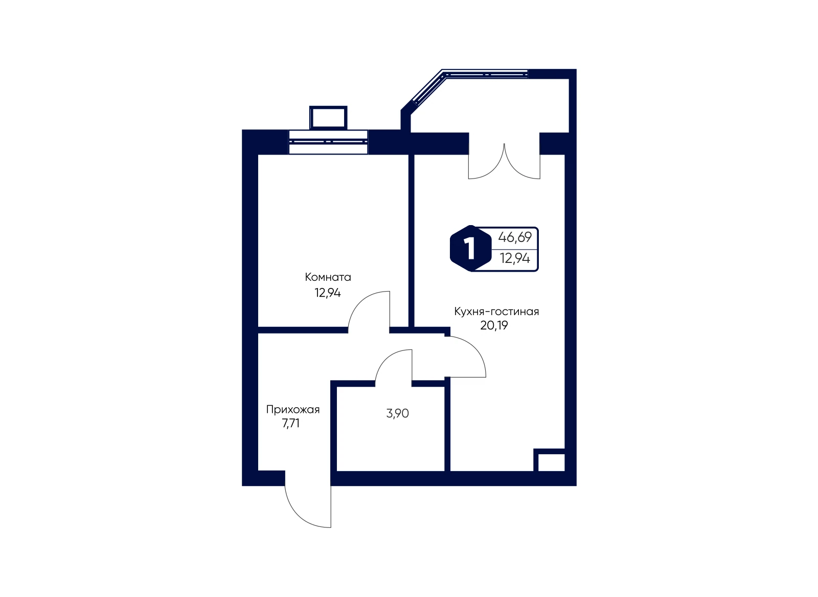 Планировка: 1-комнатная квартира 46,69 м²